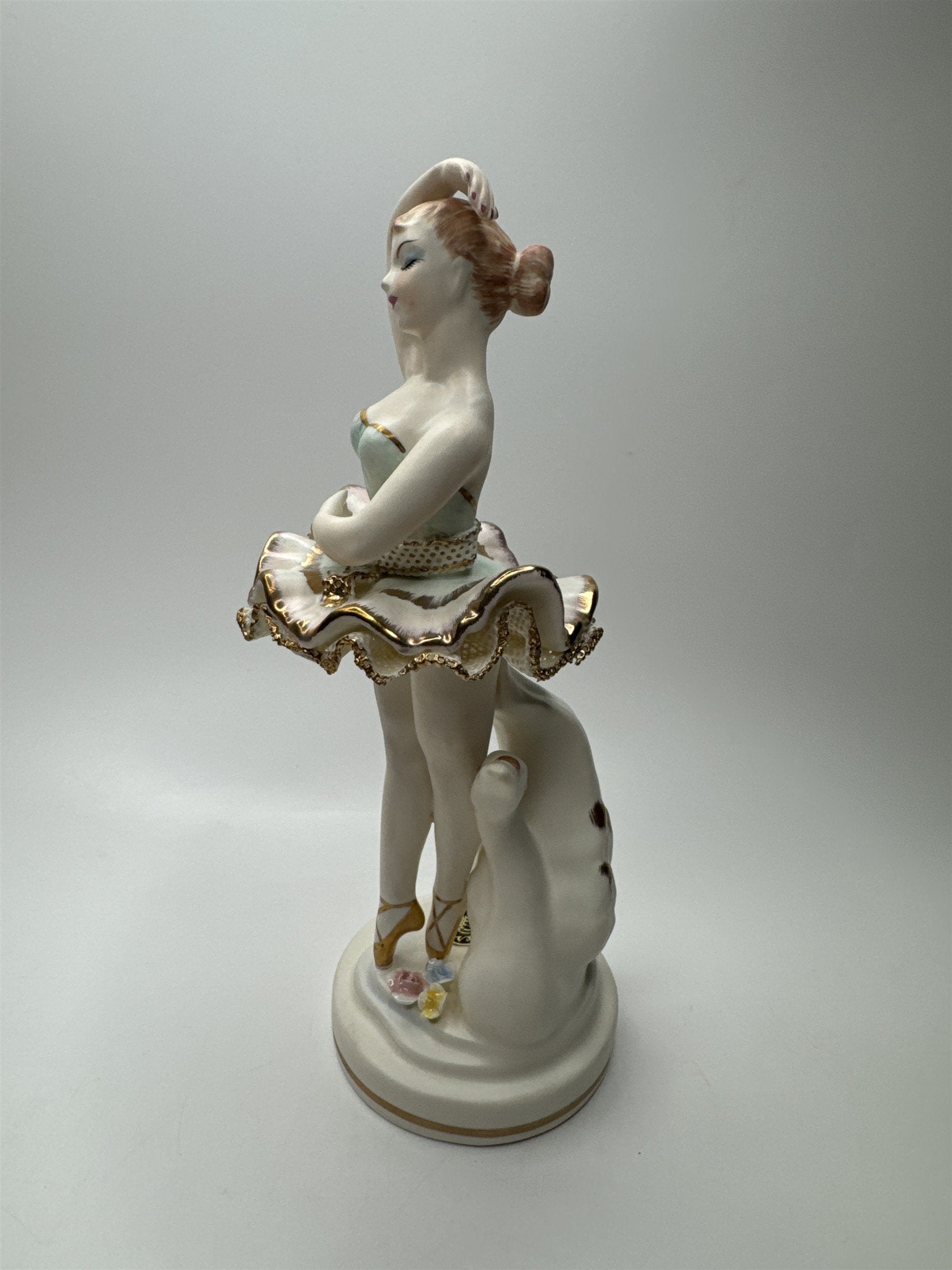 Vintager Wales Japan Bone Porcelain Ballerina Girl /w Lattice Dress and Flowers