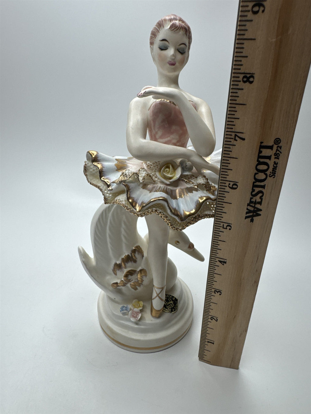 Vintager Wales Japan Bone Porcelain Ballerina Girl /w Lattice Dress and Flowers