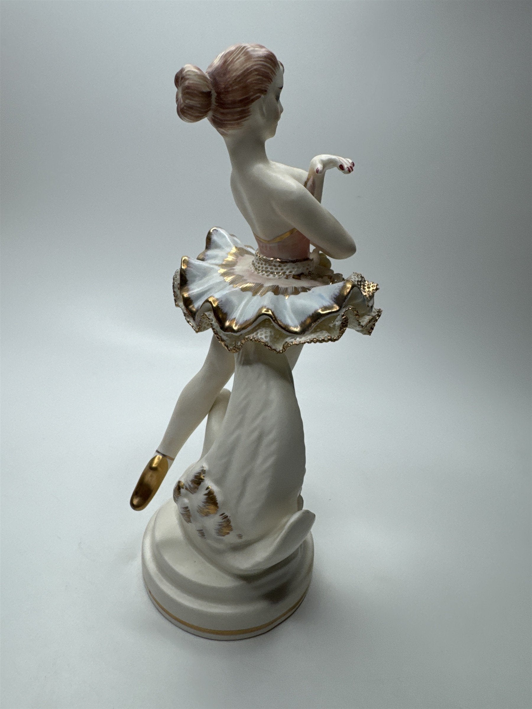 Vintager Wales Japan Bone Porcelain Ballerina Girl /w Lattice Dress and Flowers