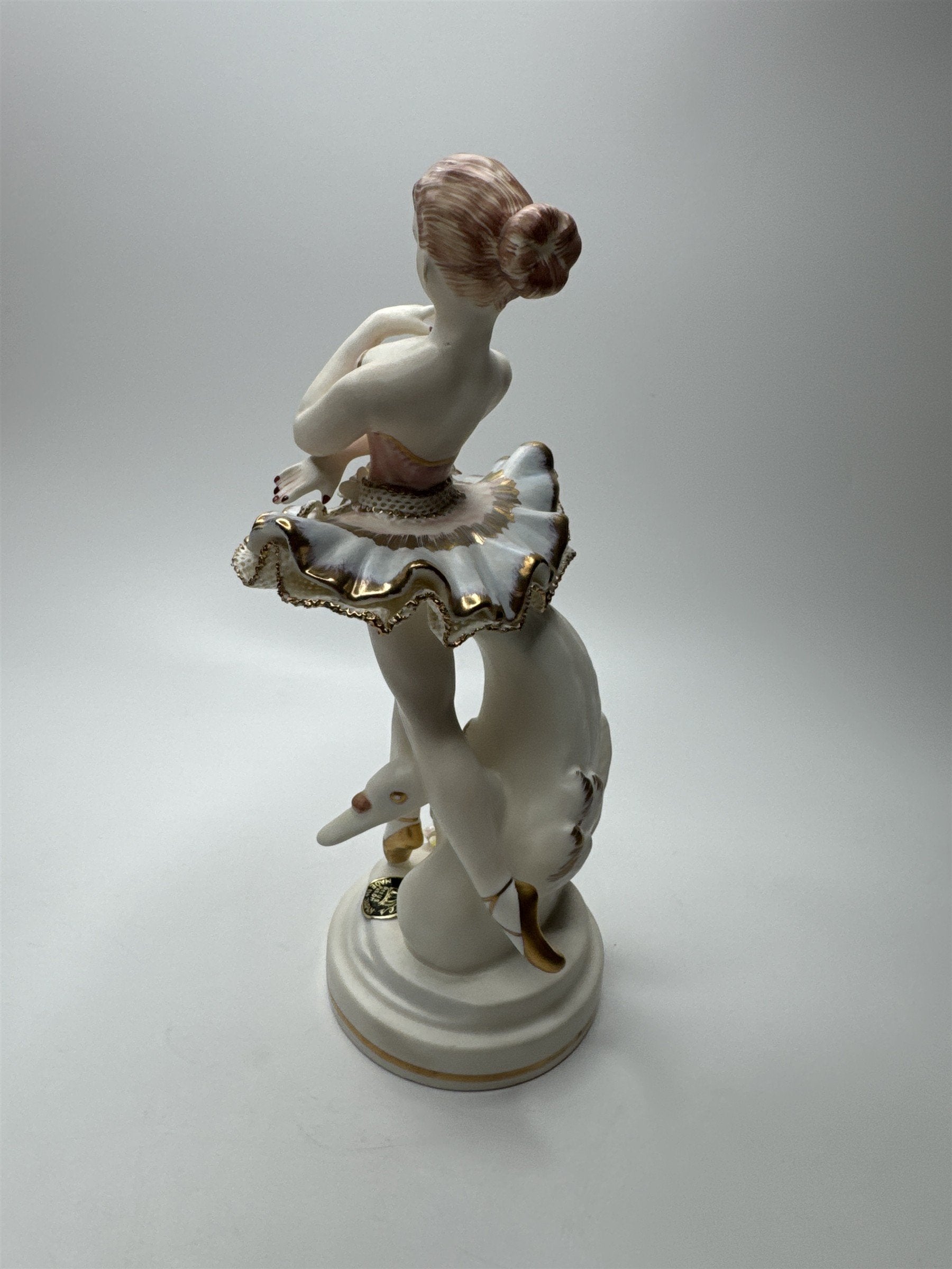 Vintager Wales Japan Bone Porcelain Ballerina Girl /w Lattice Dress and Flowers