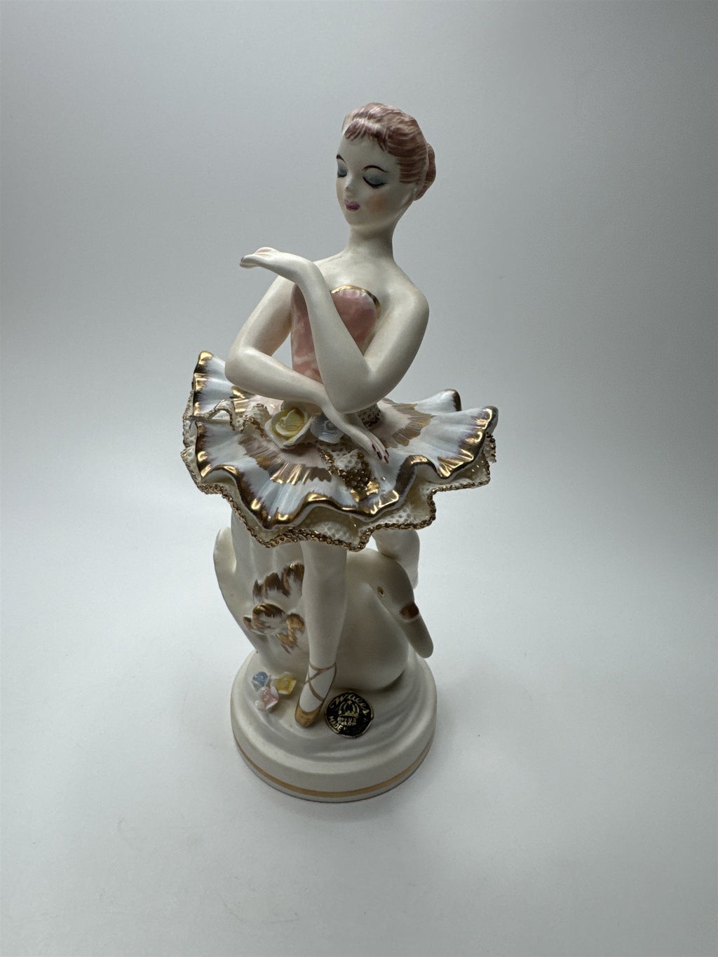 Vintager Wales Japan Bone Porcelain Ballerina Girl /w Lattice Dress and Flowers