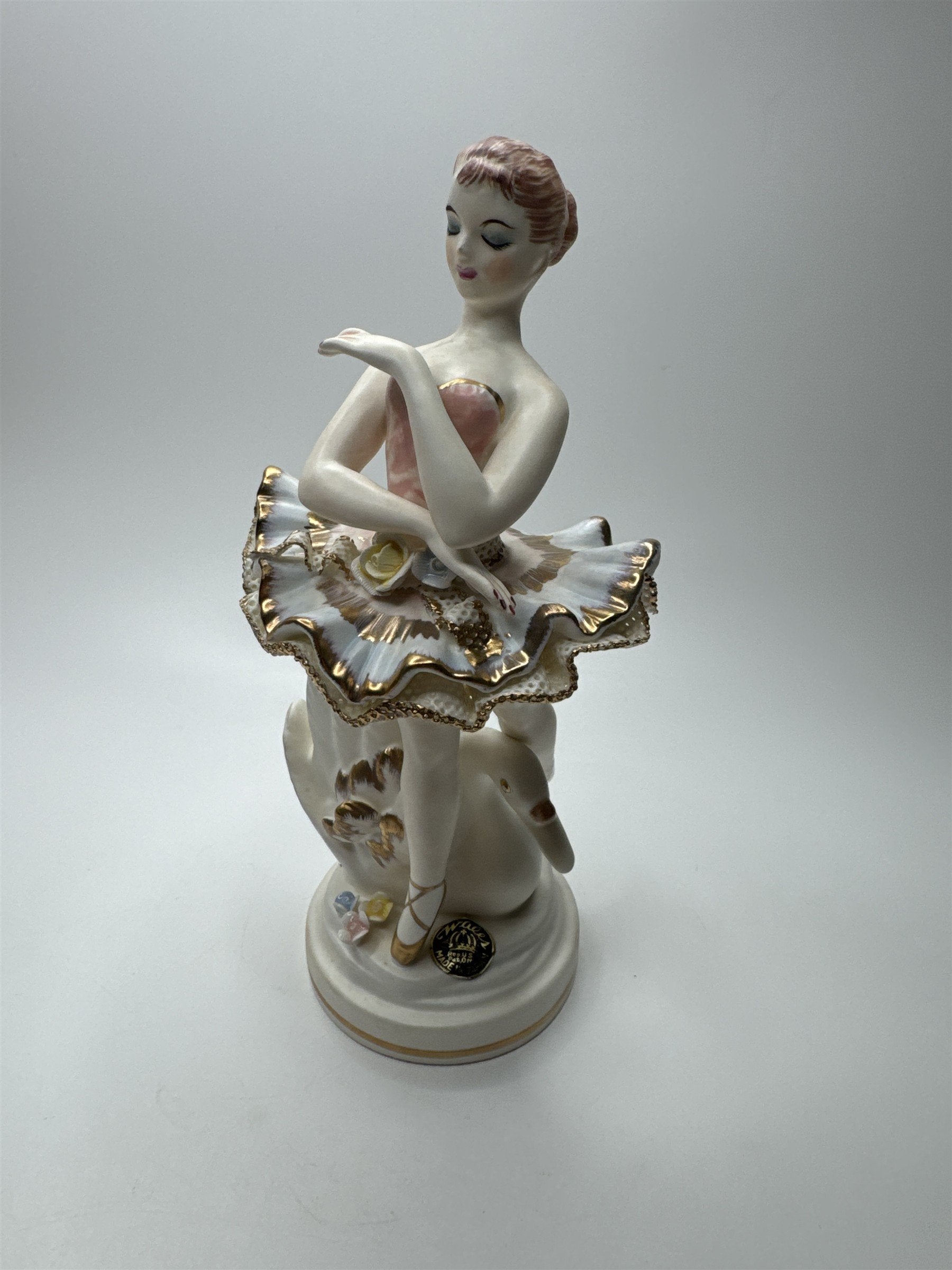 Vintager Wales Japan Bone Porcelain Ballerina Girl /w Lattice Dress and Flowers