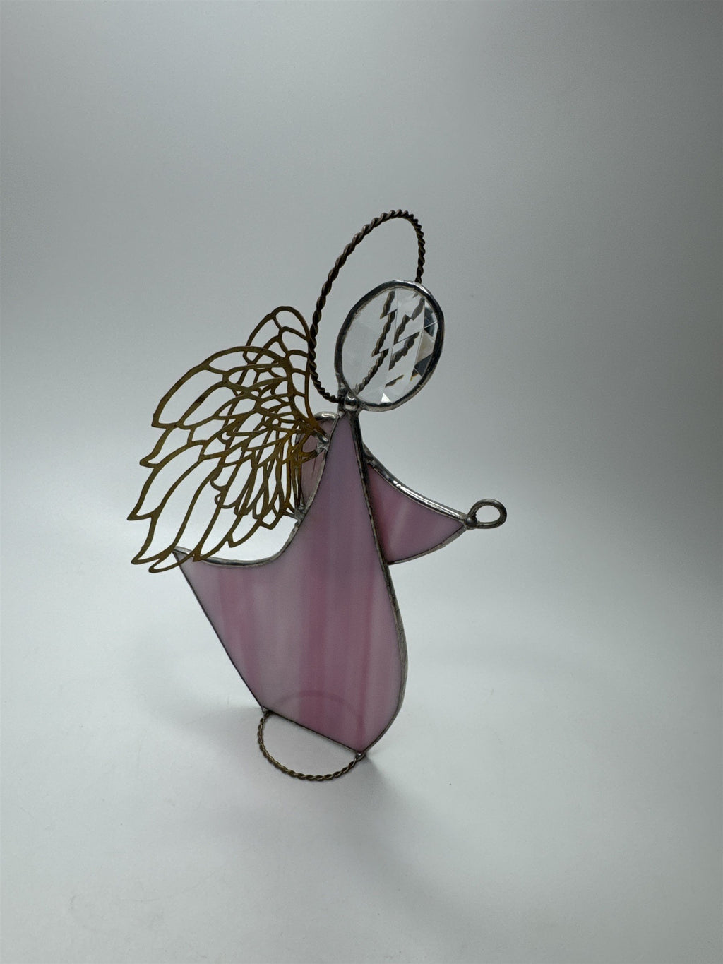 Vintage Christmas Angel Leaded Stained Glass Pink Sun Catcher Standing Bow Halo