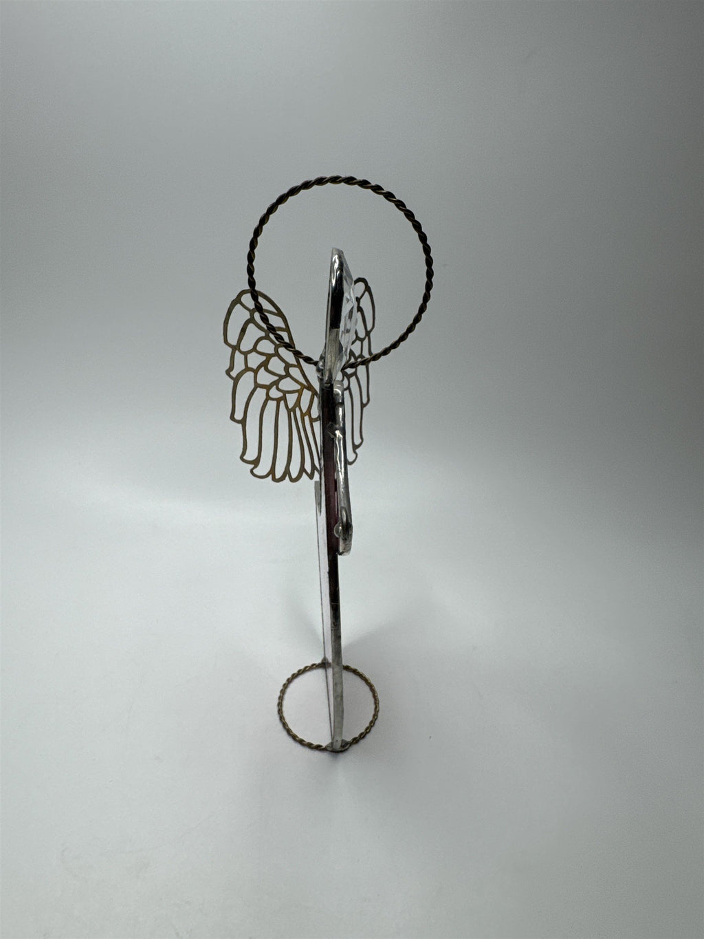 Vintage Christmas Angel Leaded Stained Glass Pink Sun Catcher Standing Bow Halo