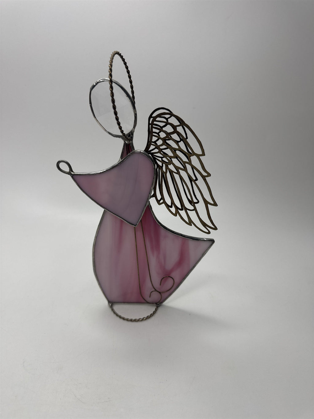 Vintage Christmas Angel Leaded Stained Glass Pink Sun Catcher Standing Bow Halo