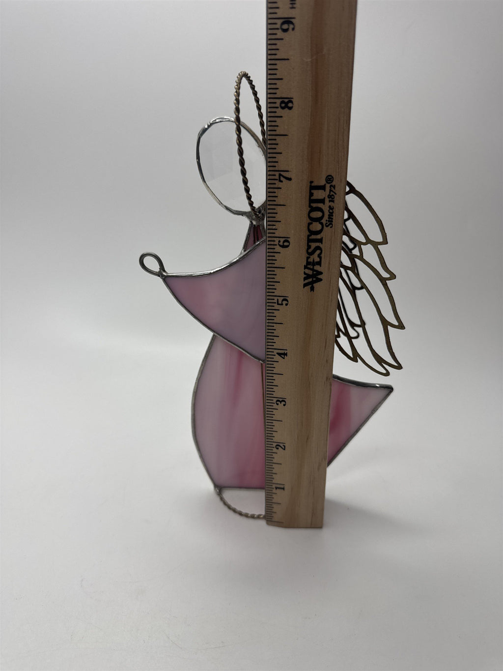 Vintage Christmas Angel Leaded Stained Glass Pink Sun Catcher Standing Bow Halo