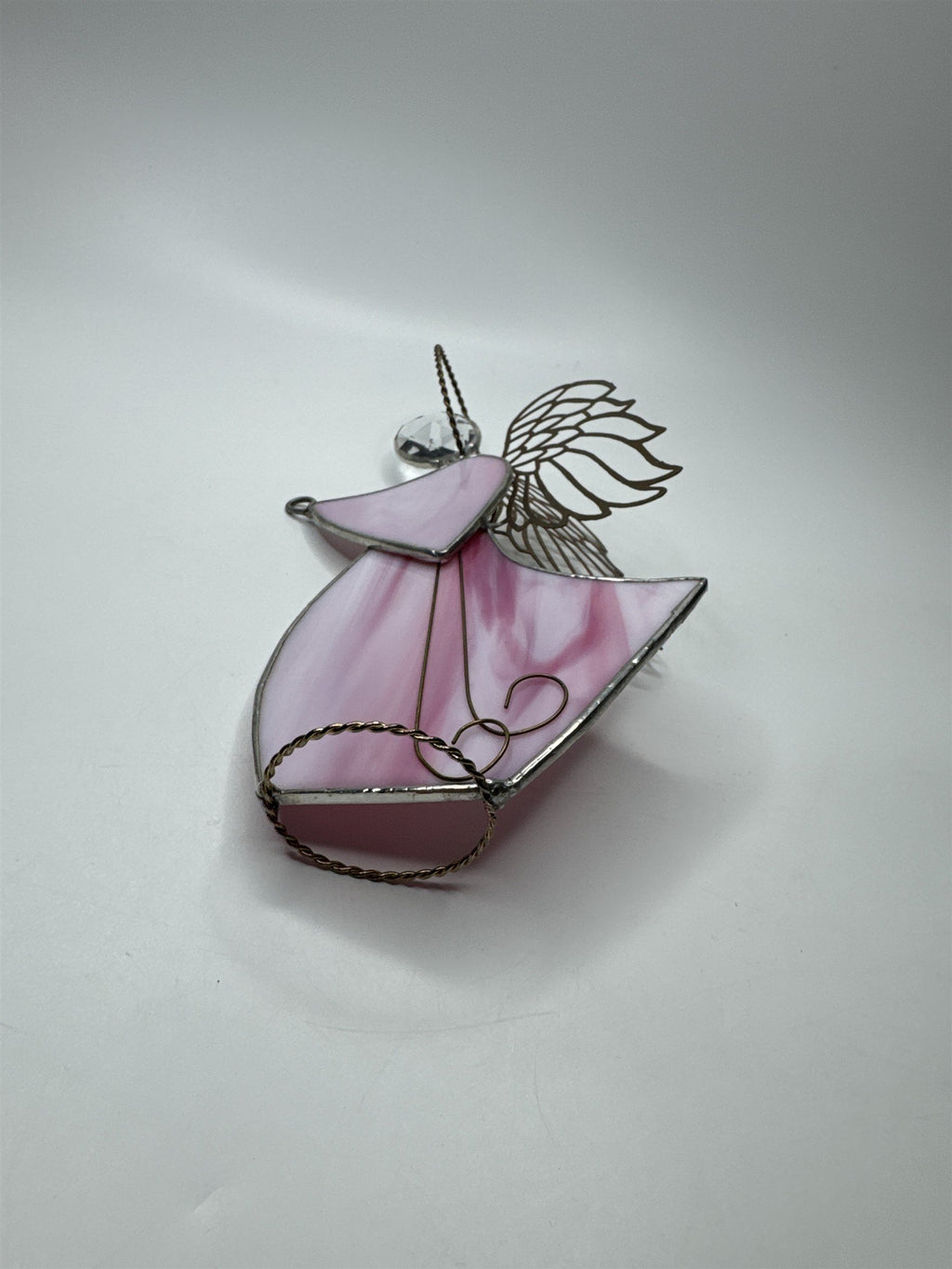 Vintage Christmas Angel Leaded Stained Glass Pink Sun Catcher Standing Bow Halo