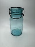 Antique Sure Seal Blue Glass Quart Sized Mason Jar /w Bail and Glass Lid Aqua #2