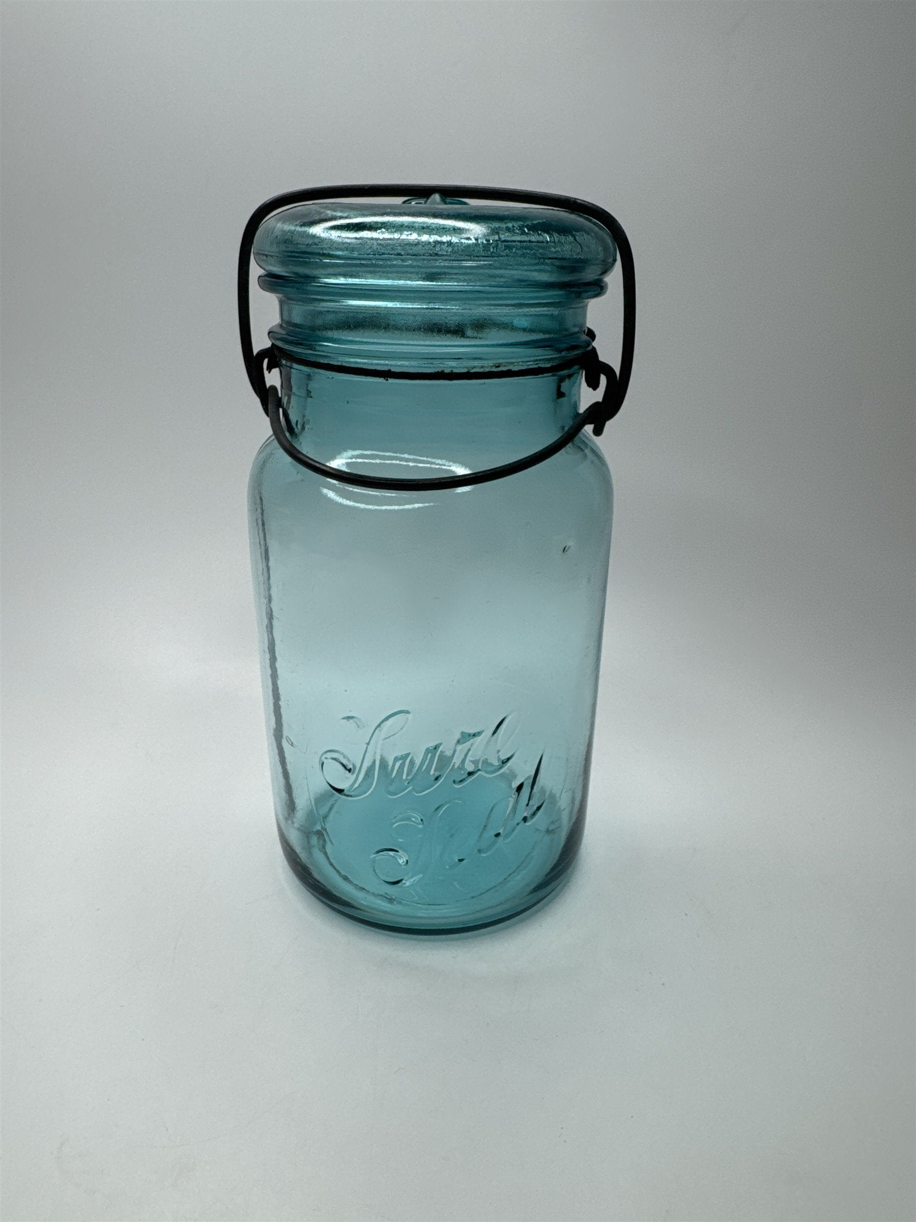 Antique Sure Seal Blue Glass Quart Sized Mason Jar /w Bail and Glass Lid Aqua #2