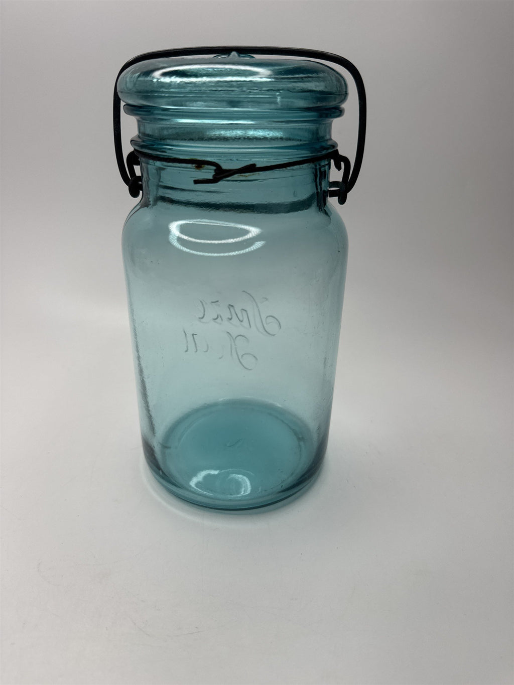 Antique Sure Seal Blue Glass Quart Sized Mason Jar /w Bail and Glass Lid Aqua #2