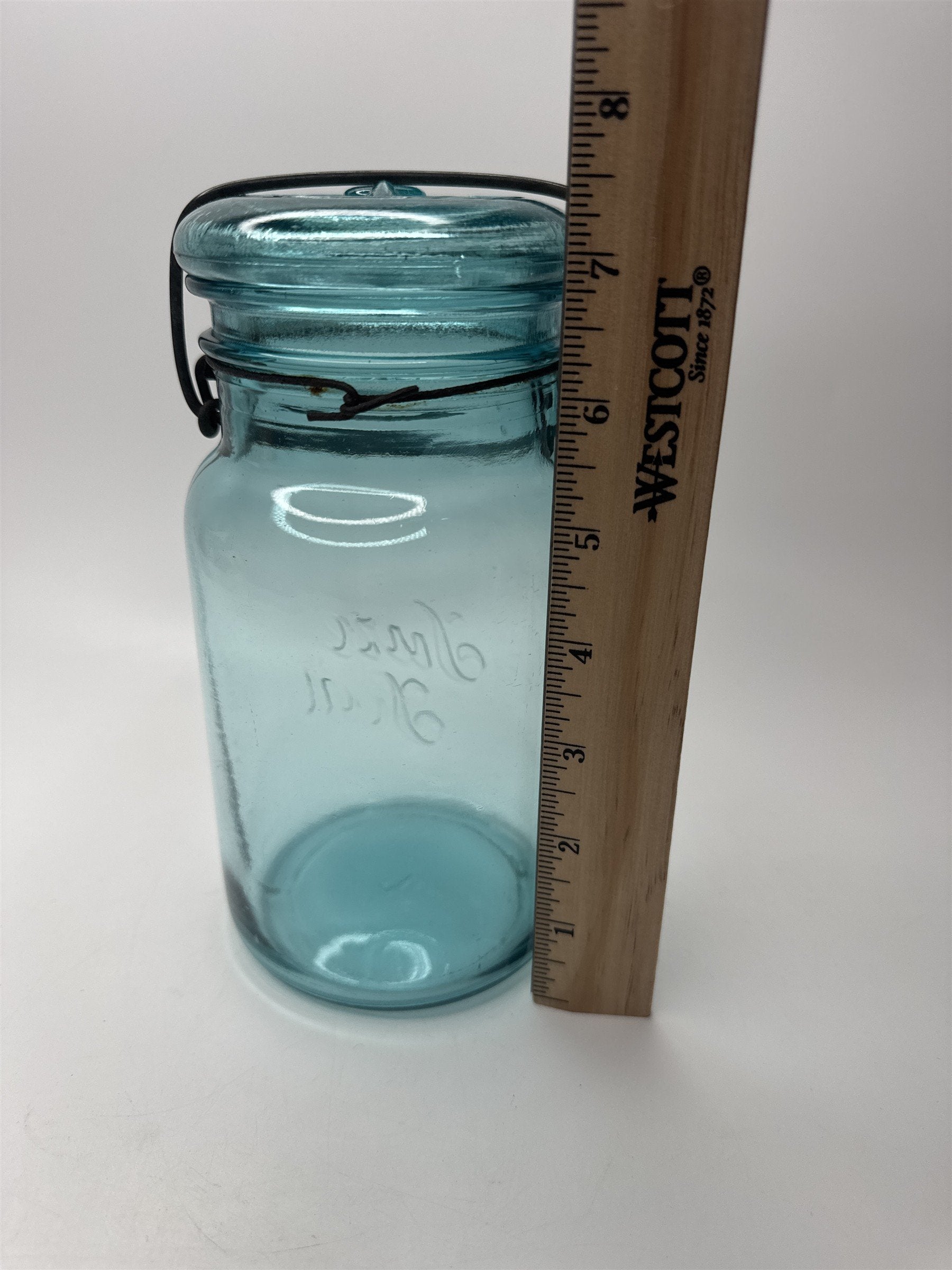 Antique Sure Seal Blue Glass Quart Sized Mason Jar /w Bail and Glass Lid Aqua #2