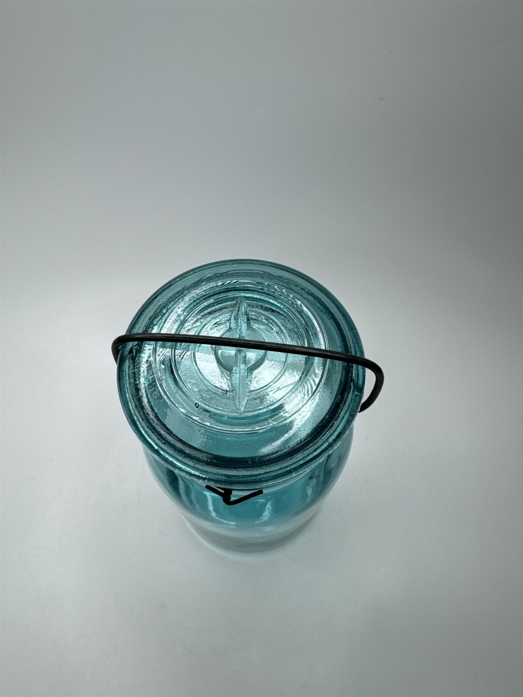 Antique Sure Seal Blue Glass Quart Sized Mason Jar /w Bail and Glass Lid Aqua #2