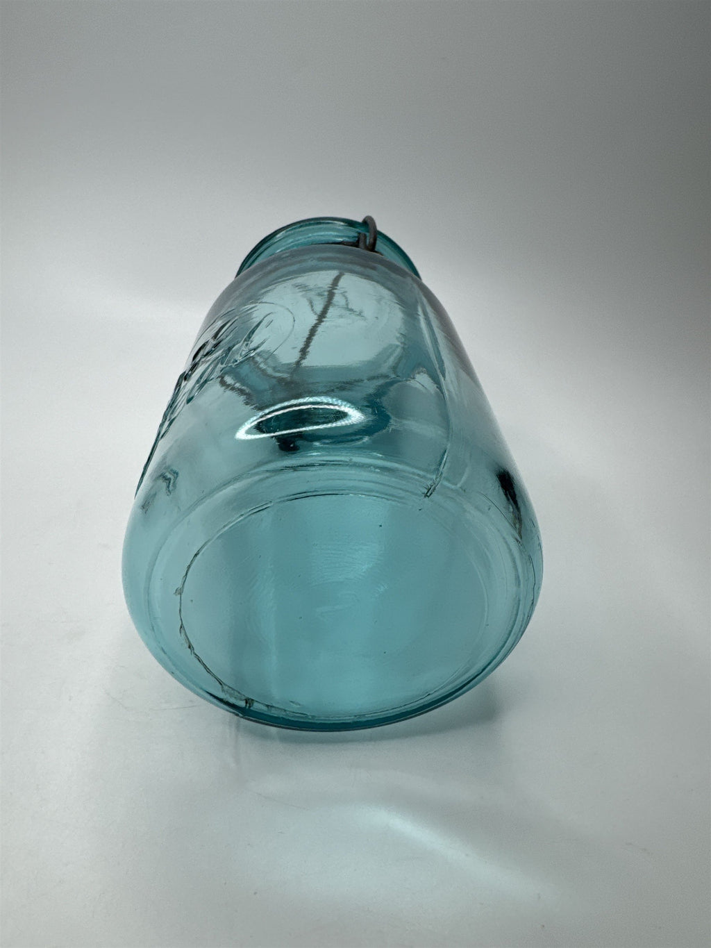 Antique Sure Seal Blue Glass Quart Sized Mason Jar /w Bail and Glass Lid Aqua #2