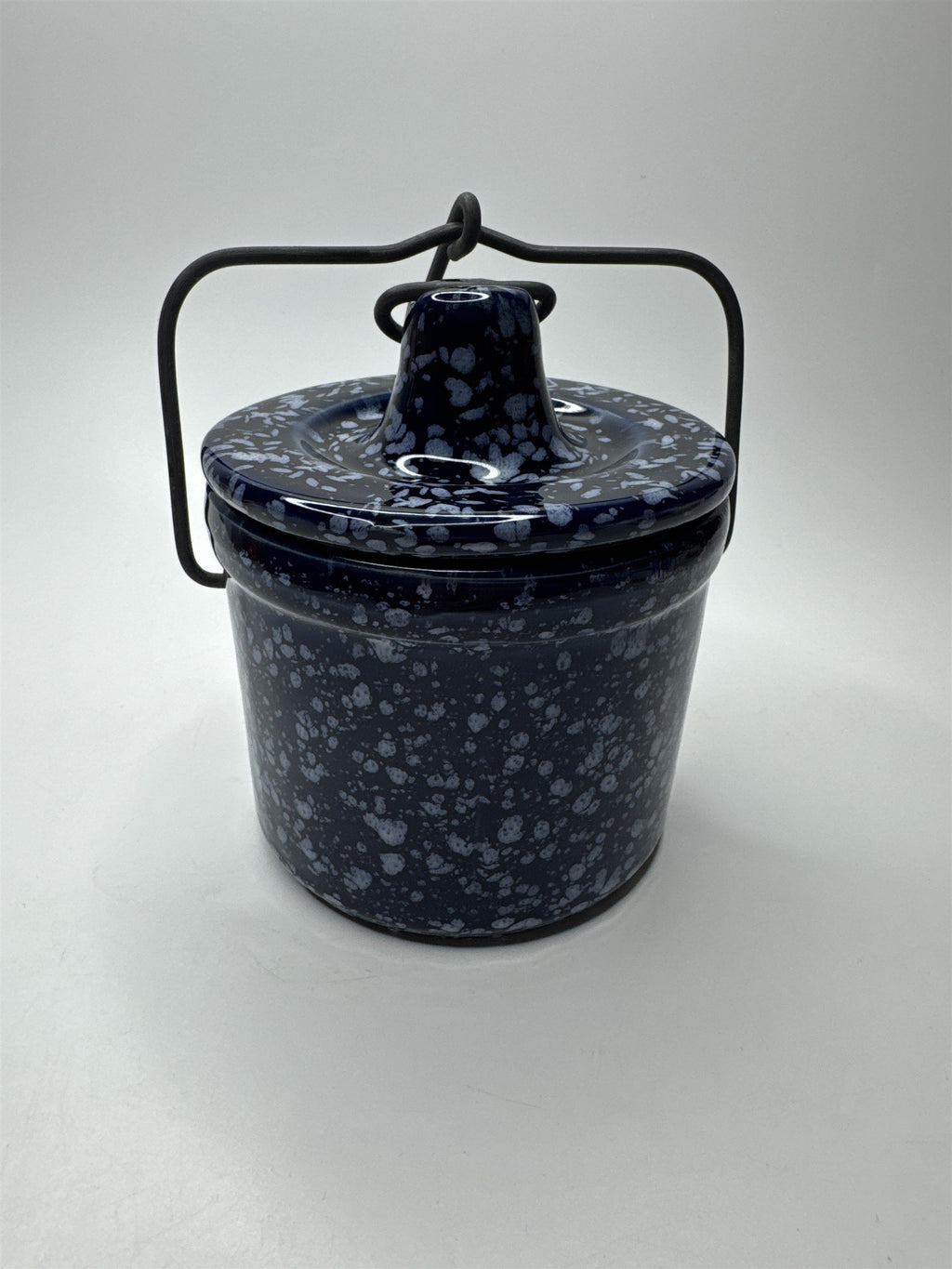 Vintage Speckled Dark Blue Cheese/Butter Crock Navy Locking Lid Ware