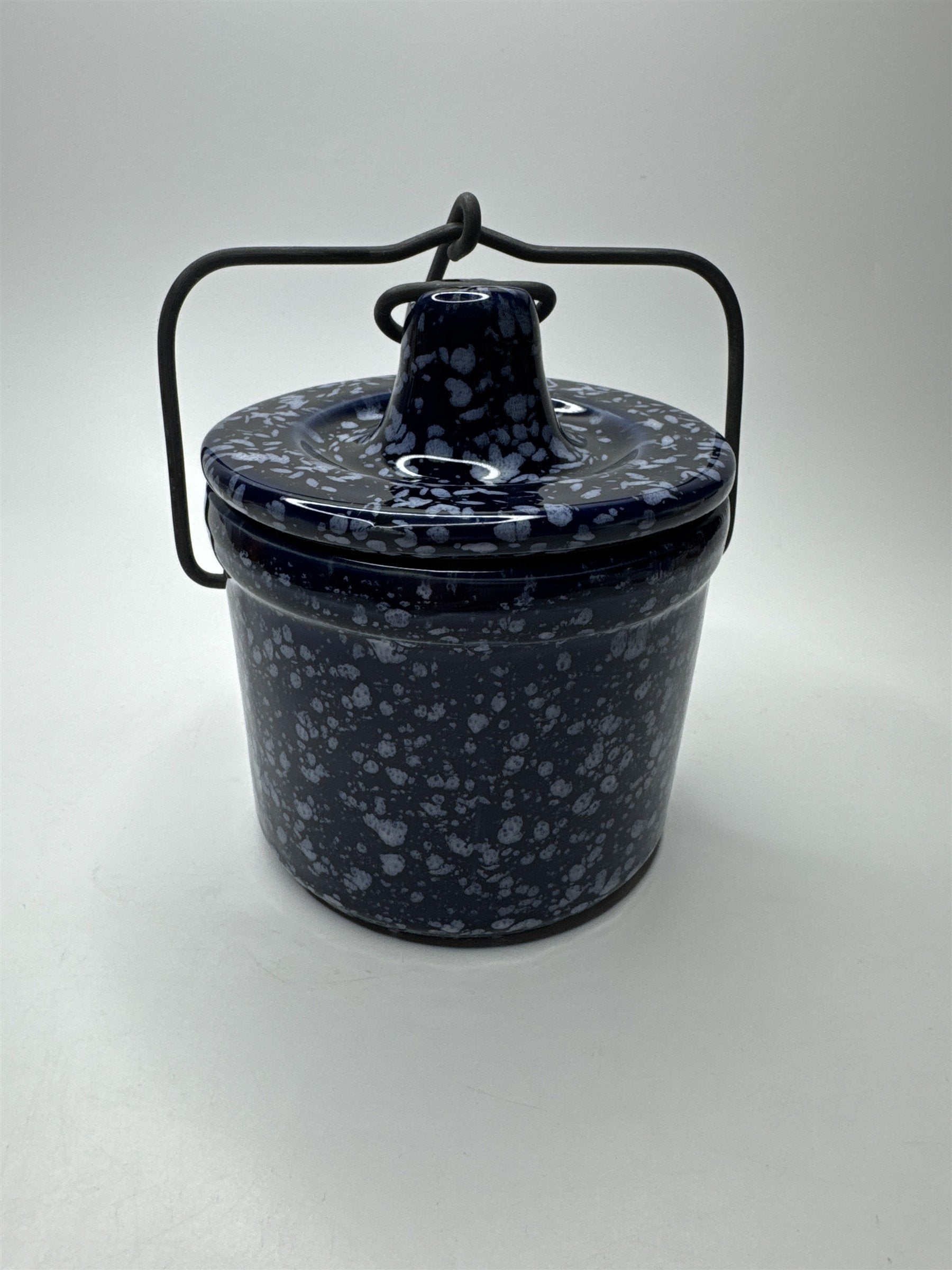 Vintage Speckled Dark Blue Cheese/Butter Crock Navy Locking Lid Ware