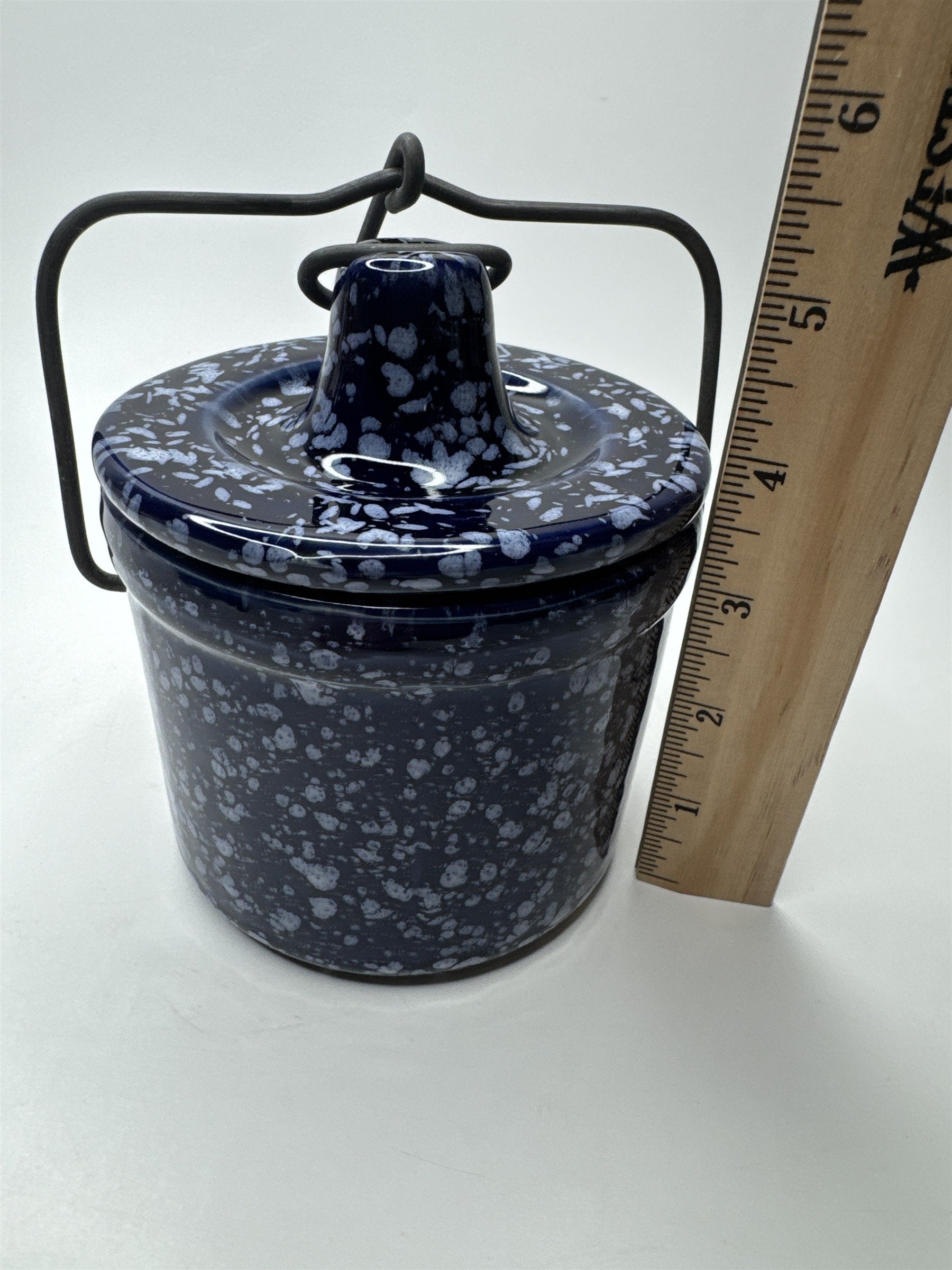 Vintage Speckled Dark Blue Cheese/Butter Crock Navy Locking Lid Ware