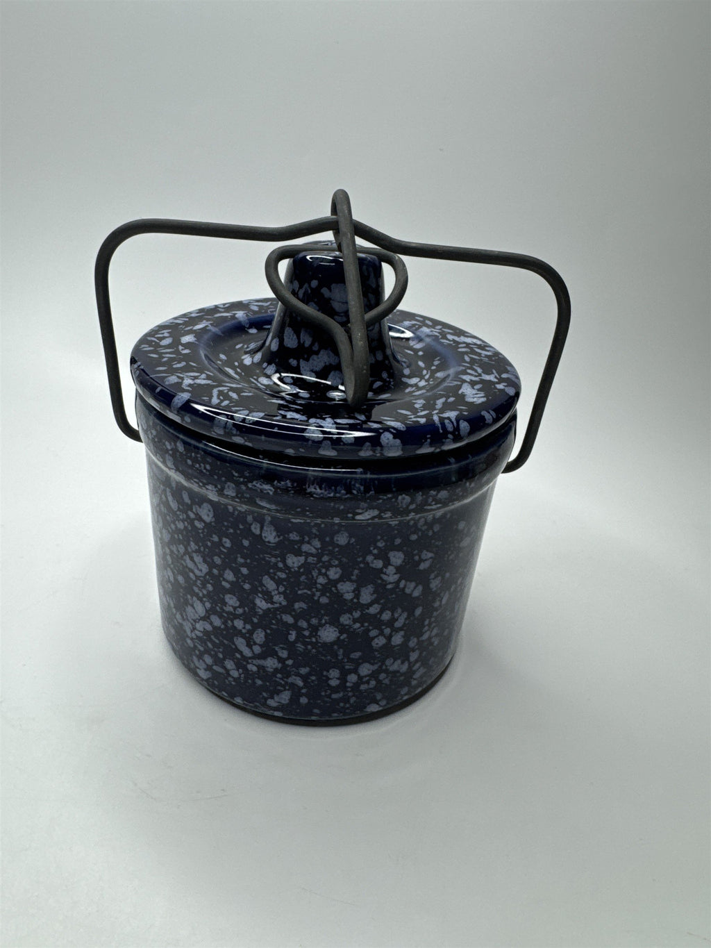 Vintage Speckled Dark Blue Cheese/Butter Crock Navy Locking Lid Ware