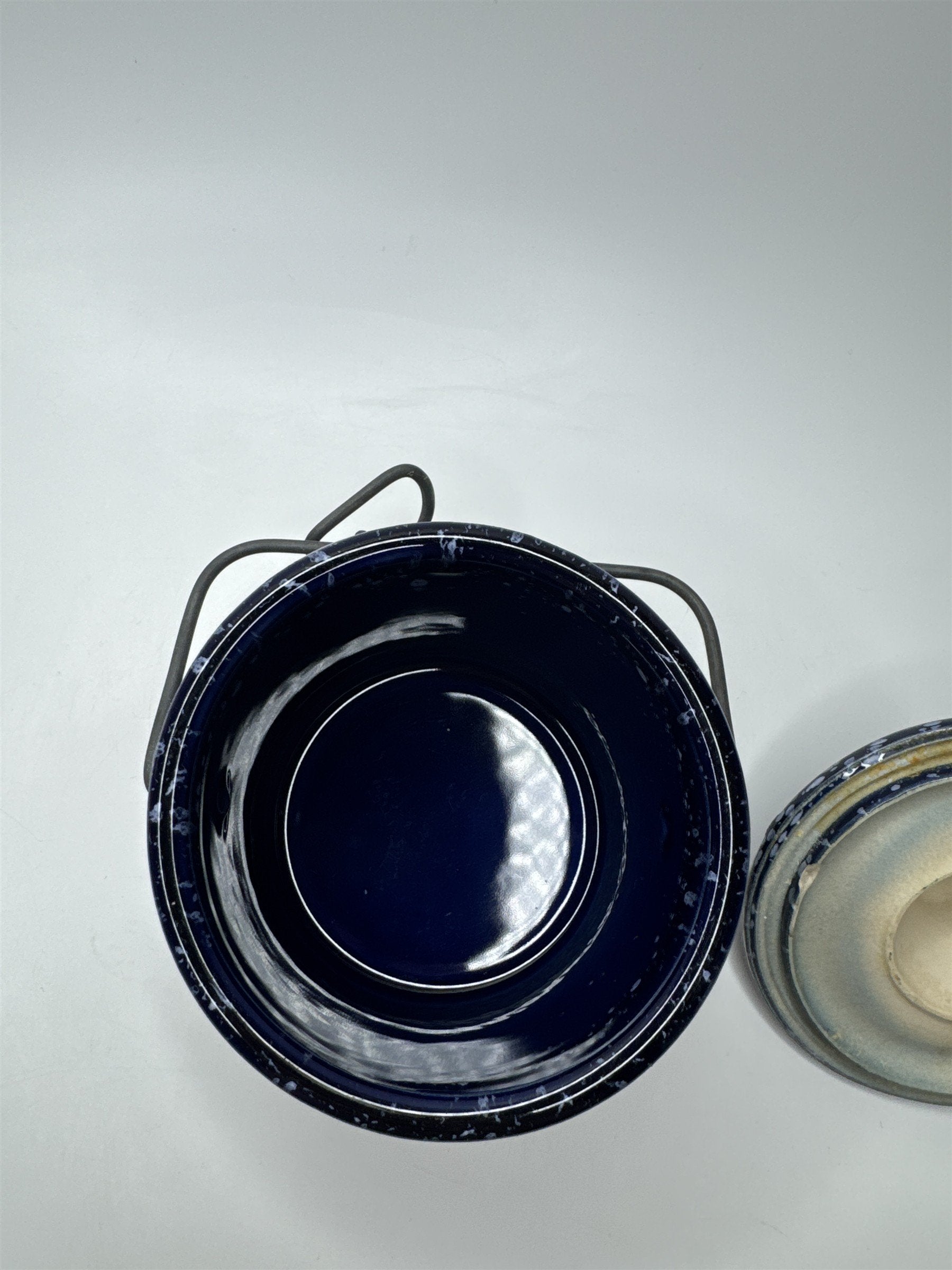 Vintage Speckled Dark Blue Cheese/Butter Crock Navy Locking Lid Ware