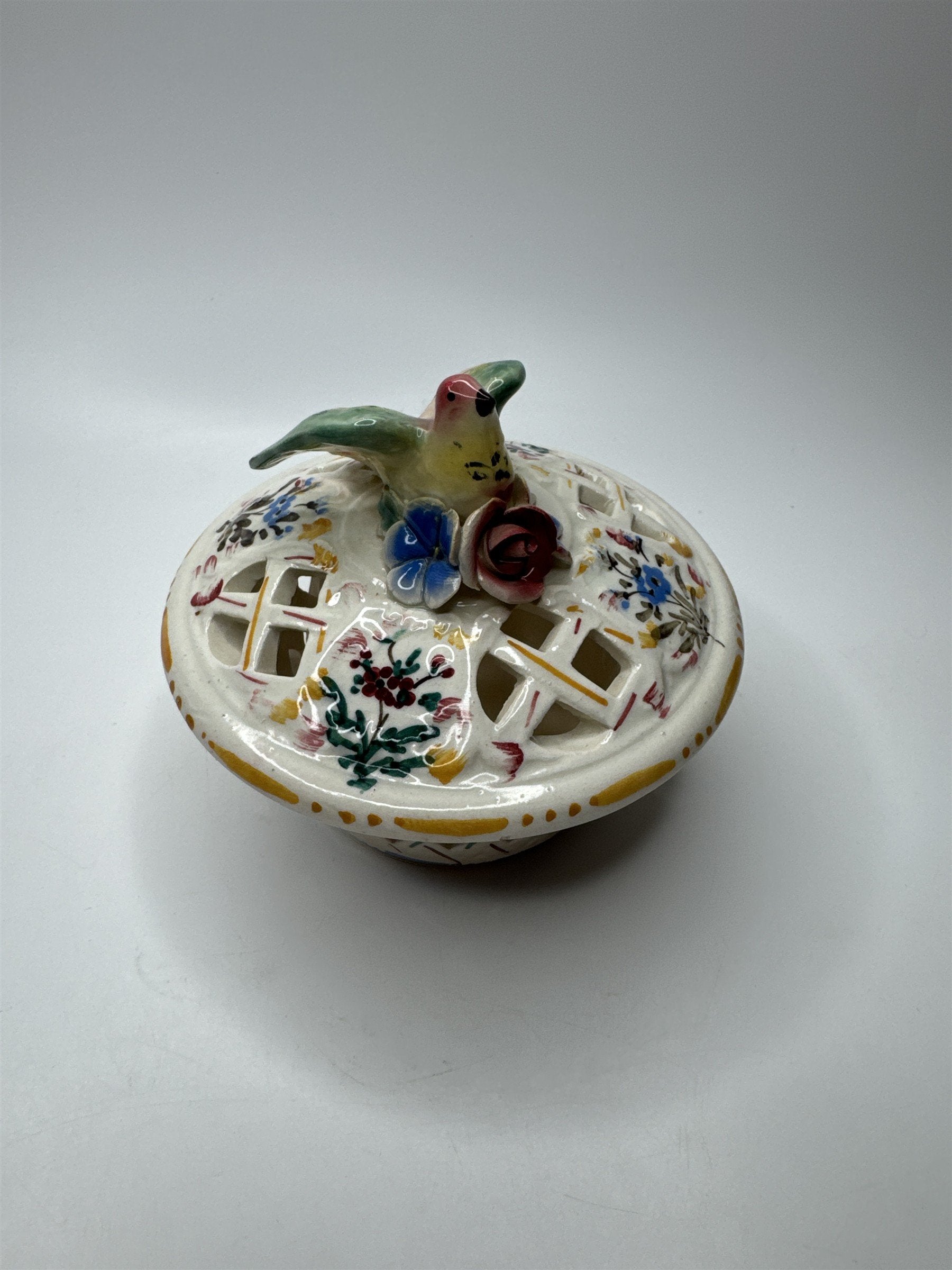 Vintage Covered Basket Weave Lattice Cut Floral Bird Basket Trinket Dish Italy