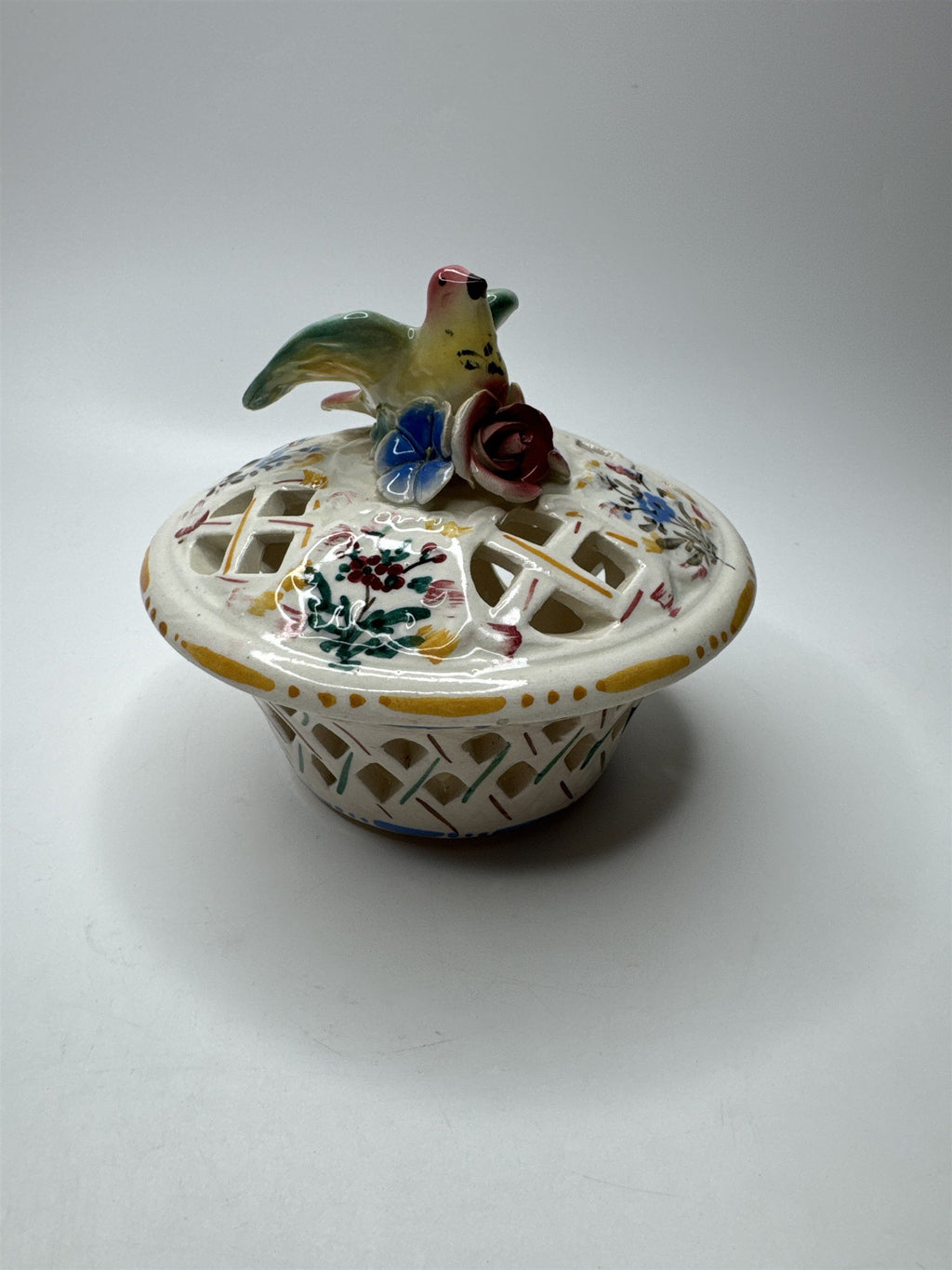 Vintage Covered Basket Weave Lattice Cut Floral Bird Basket Trinket Dish Italy