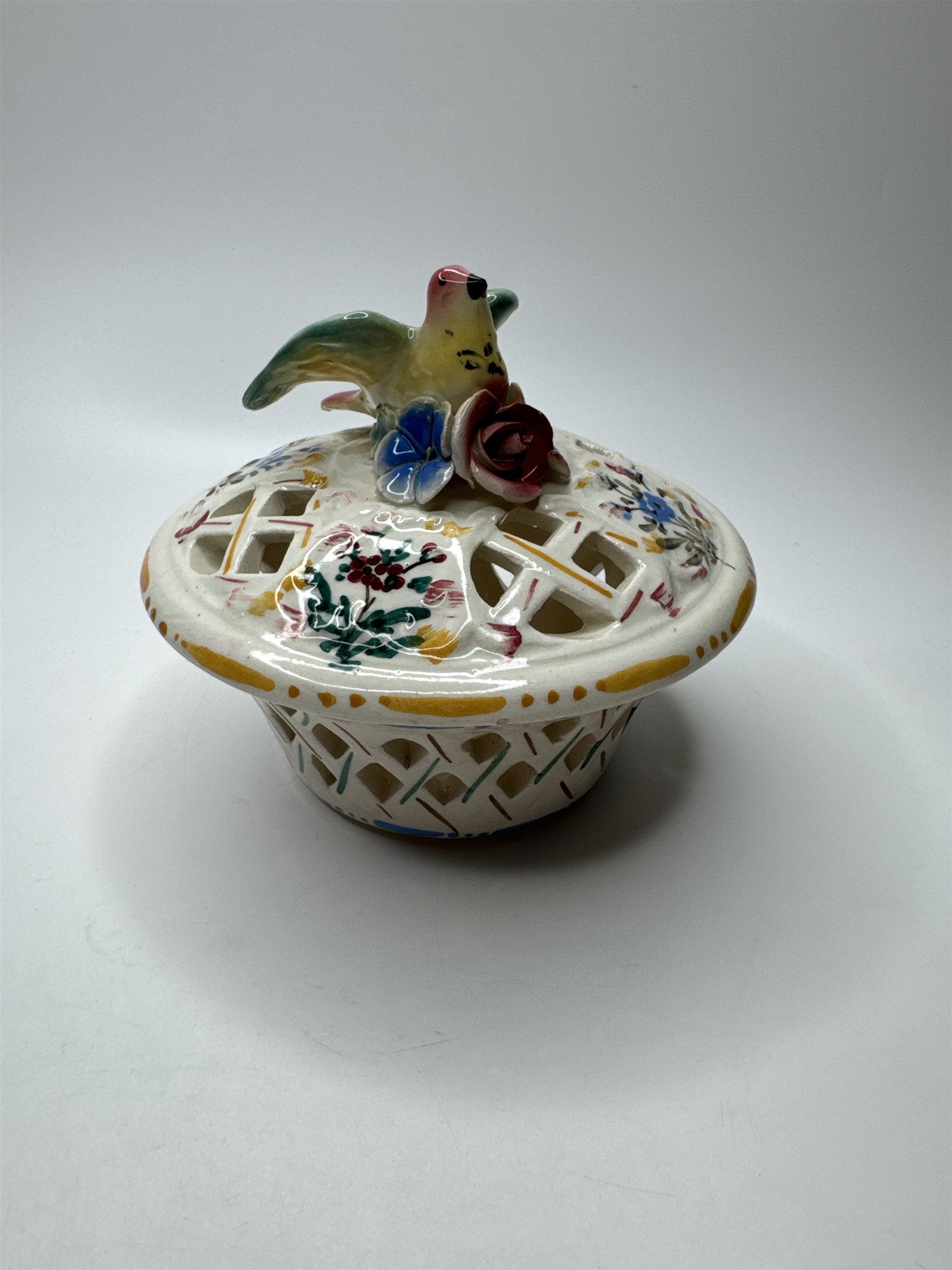 Vintage Covered Basket Weave Lattice Cut Floral Bird Basket Trinket Dish Italy