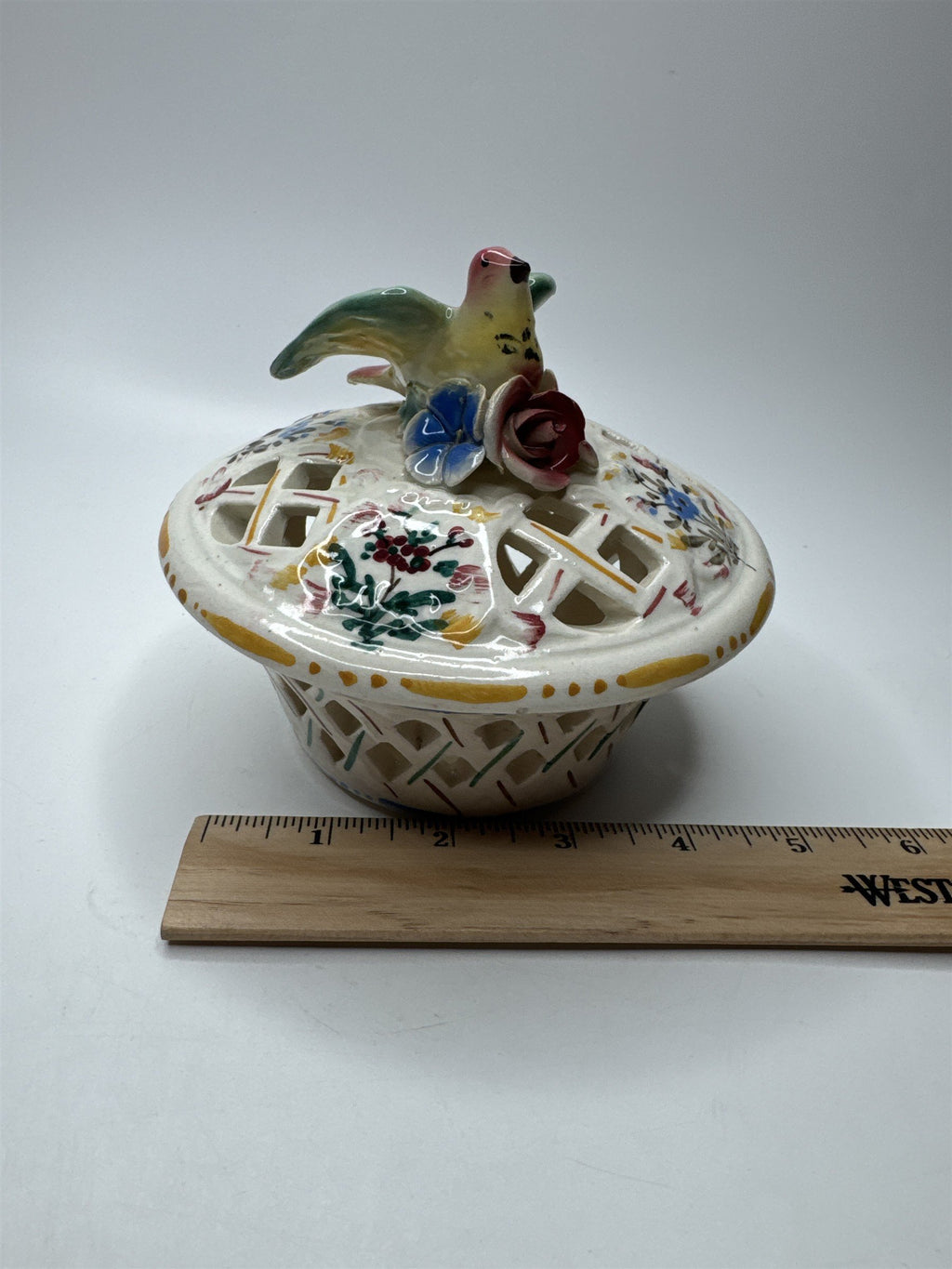 Vintage Covered Basket Weave Lattice Cut Floral Bird Basket Trinket Dish Italy