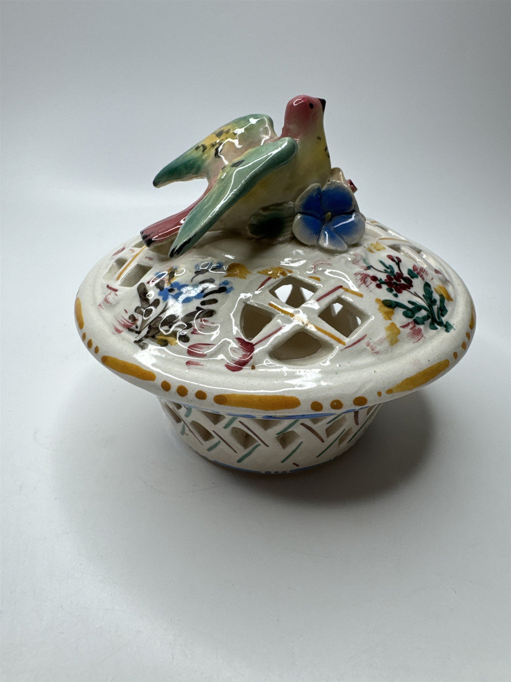 Vintage Covered Basket Weave Lattice Cut Floral Bird Basket Trinket Dish Italy