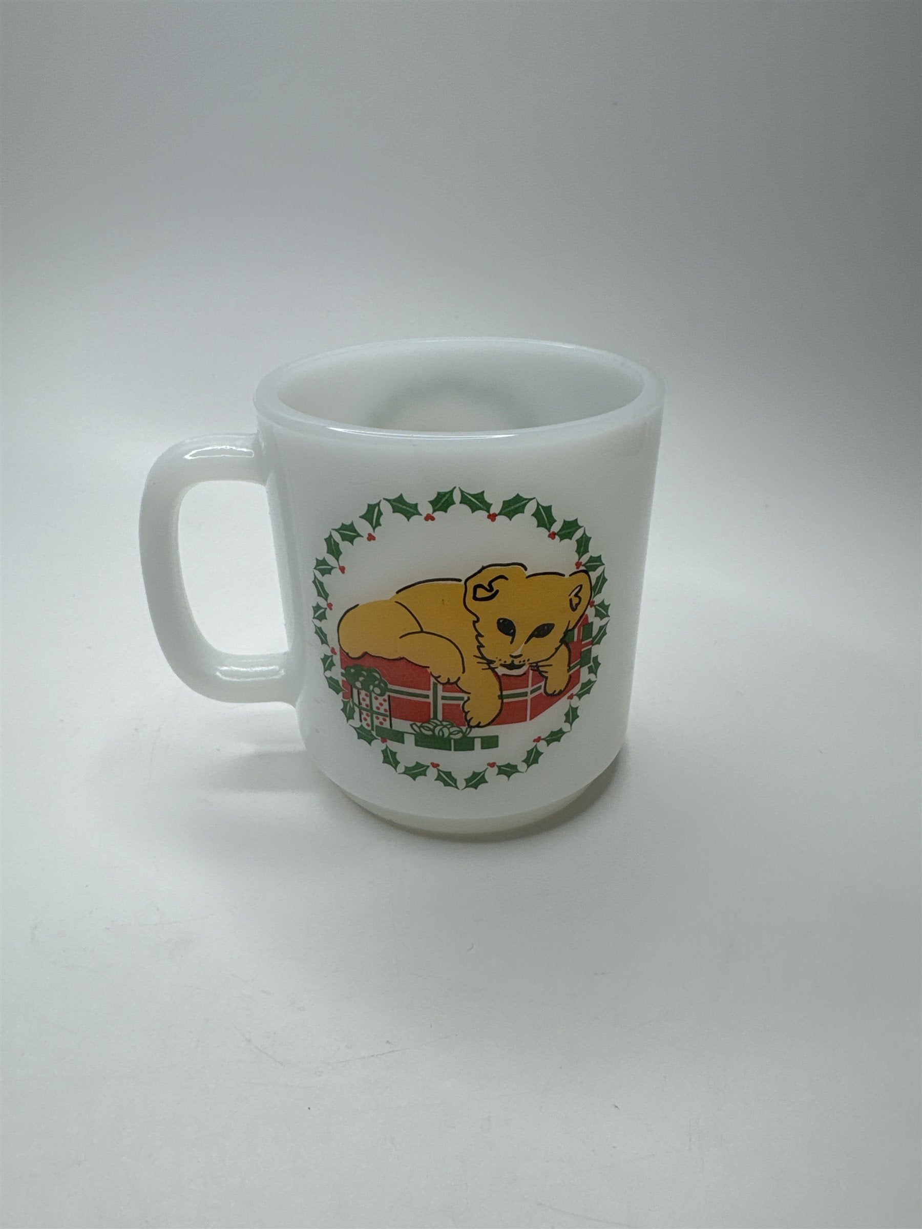 Vintage Glasbake White Milk Glass Mug Coffee Cup Christmas Wreath Lion Cub Cat