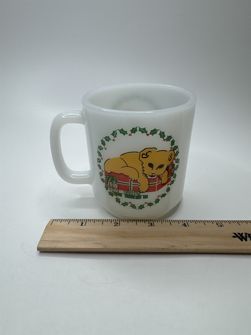 Vintage Glasbake White Milk Glass Mug Coffee Cup Christmas Wreath Lion Cub Cat