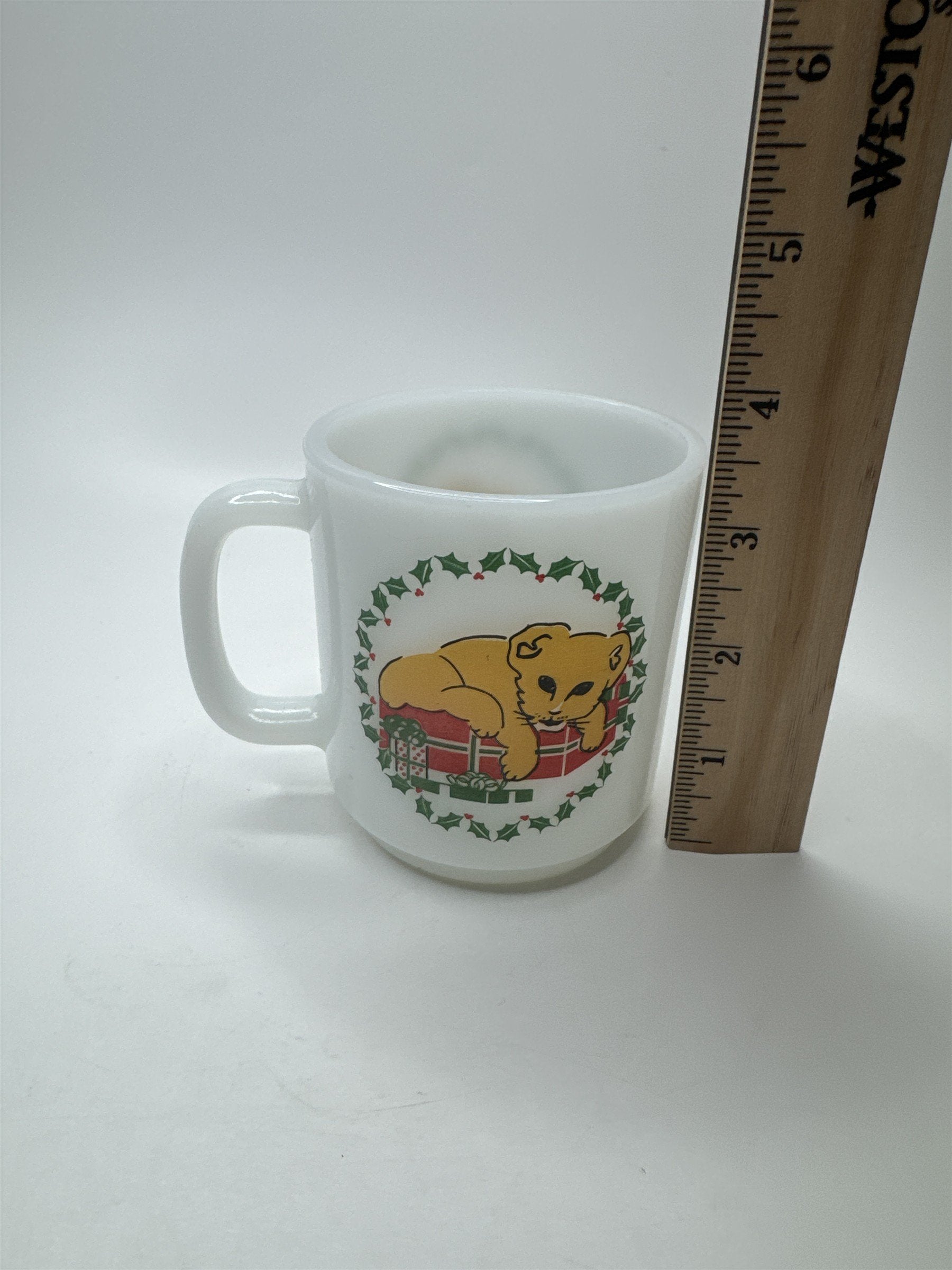 Vintage Glasbake White Milk Glass Mug Coffee Cup Christmas Wreath Lion Cub Cat