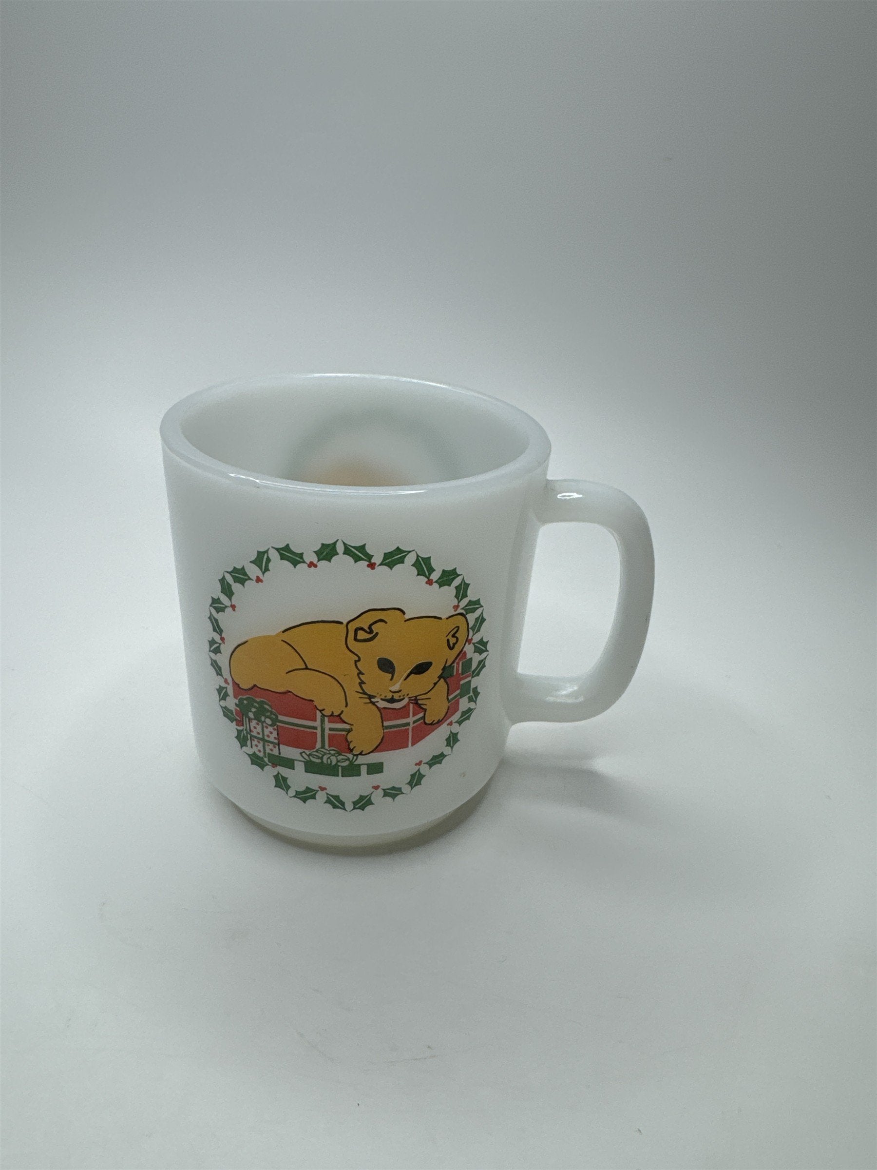 Vintage Glasbake White Milk Glass Mug Coffee Cup Christmas Wreath Lion Cub Cat