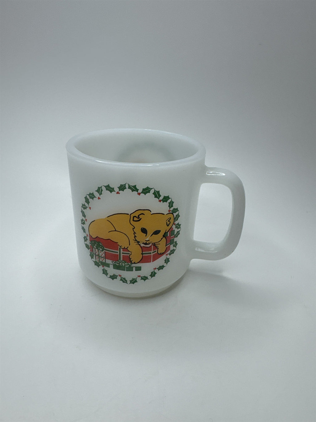 Vintage Glasbake White Milk Glass Mug Coffee Cup Christmas Wreath Lion Cub Cat