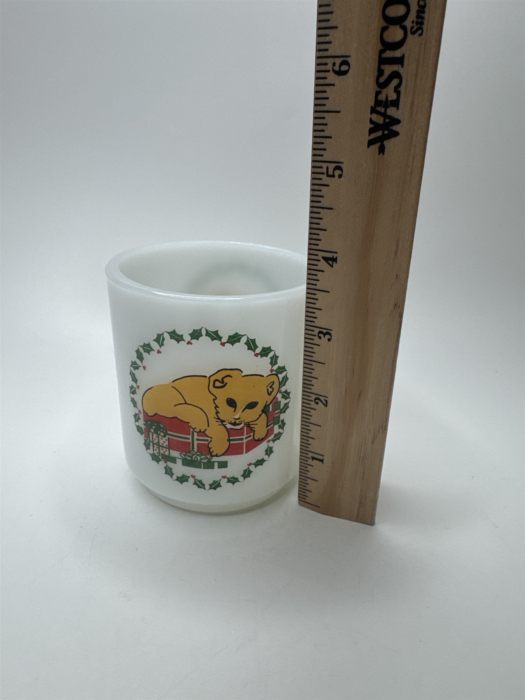 Vintage Glasbake White Milk Glass Mug Coffee Cup Christmas Wreath Lion Cub Cat