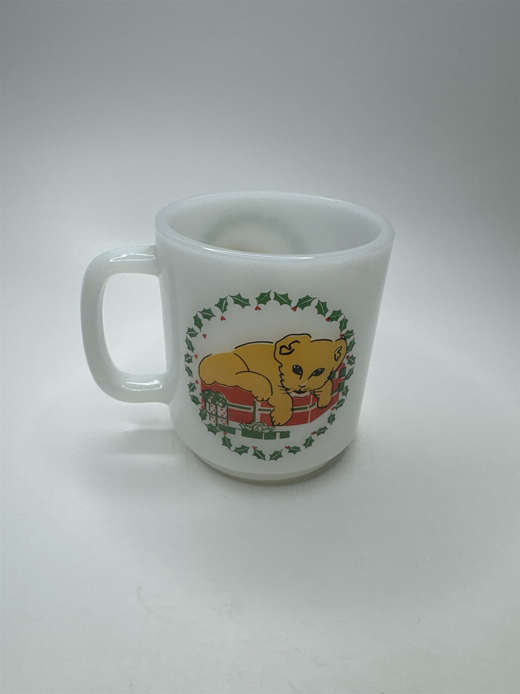Vintage Glasbake White Milk Glass Mug Coffee Cup Christmas Wreath Lion Cub Cat