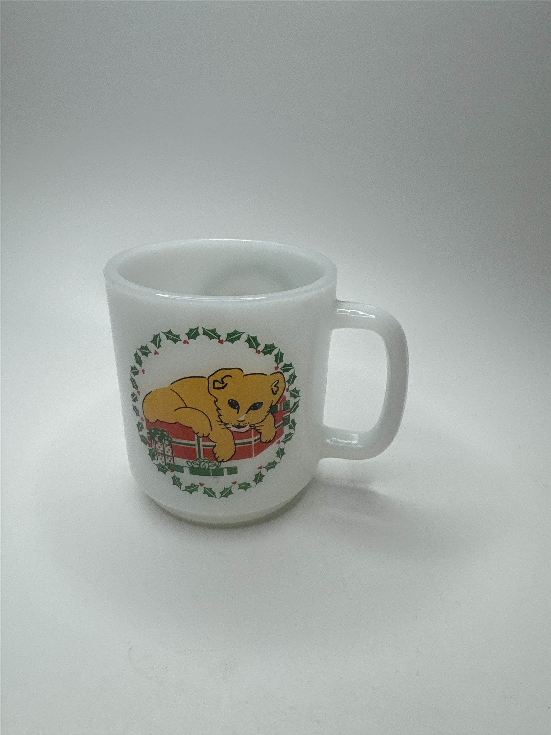 Vintage Glasbake White Milk Glass Mug Coffee Cup Christmas Wreath Lion Cub Cat