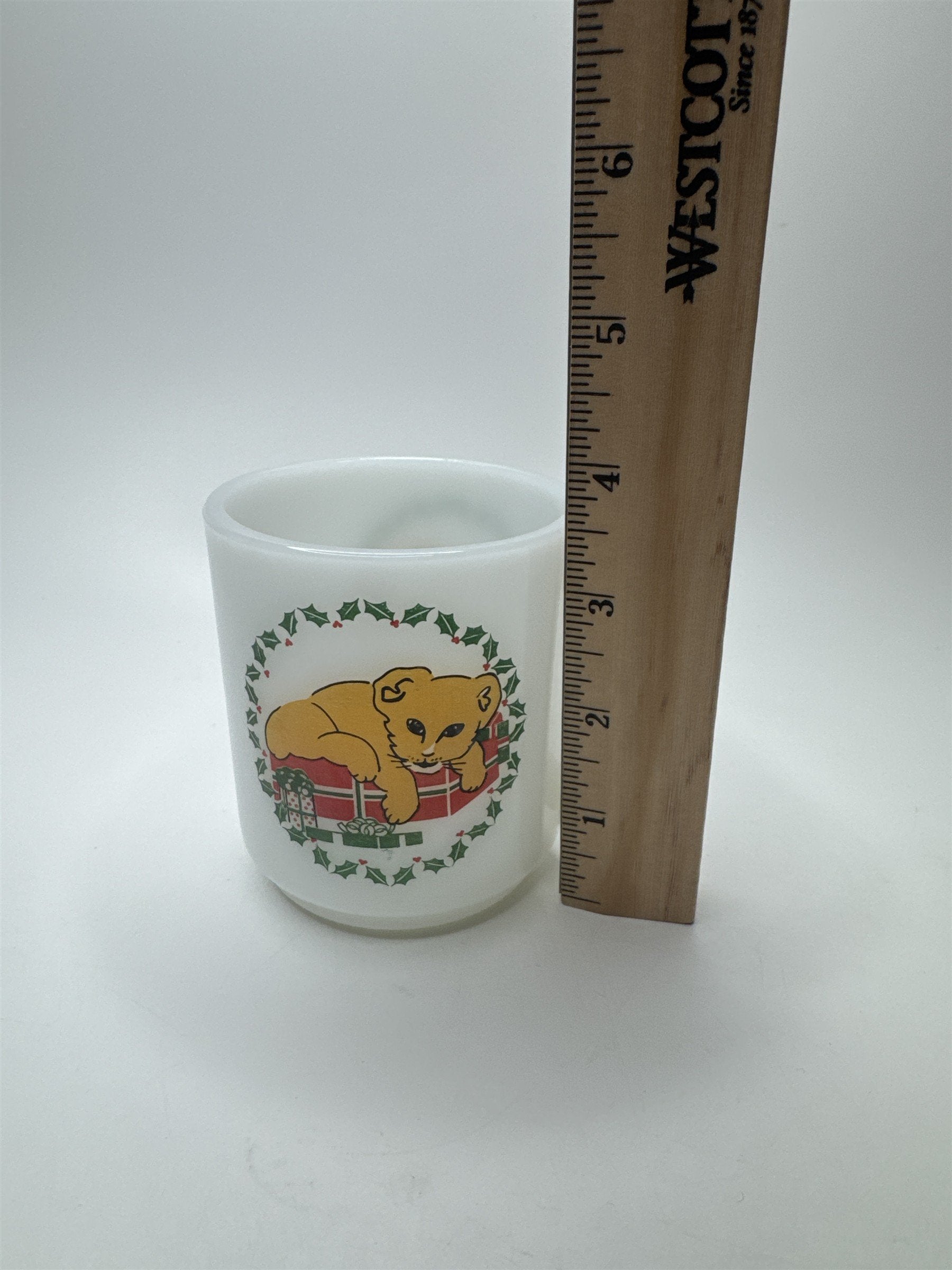 Vintage Glasbake White Milk Glass Mug Coffee Cup Christmas Wreath Lion Cub Cat