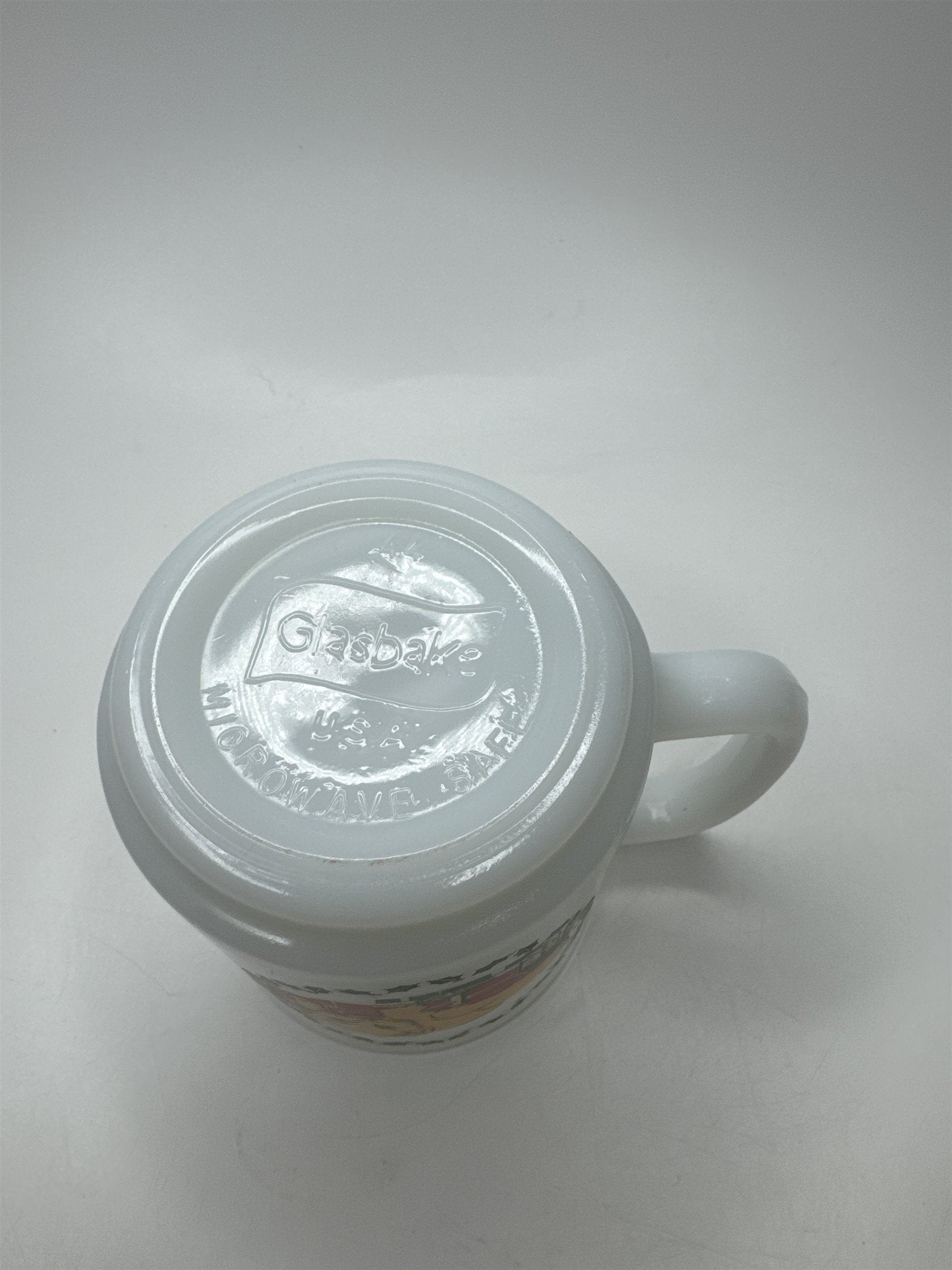 Vintage Glasbake White Milk Glass Mug Coffee Cup Christmas Wreath Lion Cub Cat