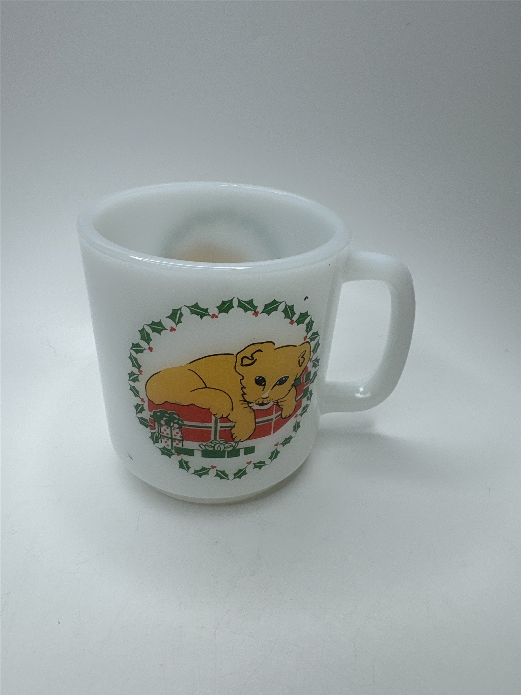Vintage Glasbake White Milk Glass Mug Coffee Cup Christmas Wreath Lion Cub Cat