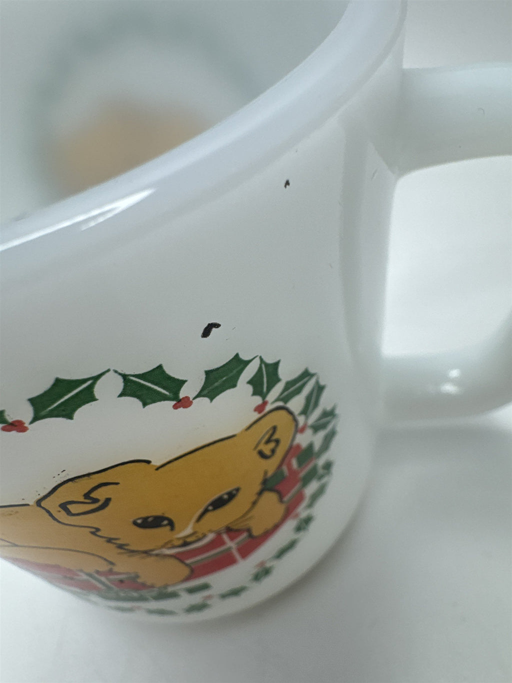 Vintage Glasbake White Milk Glass Mug Coffee Cup Christmas Wreath Lion Cub Cat