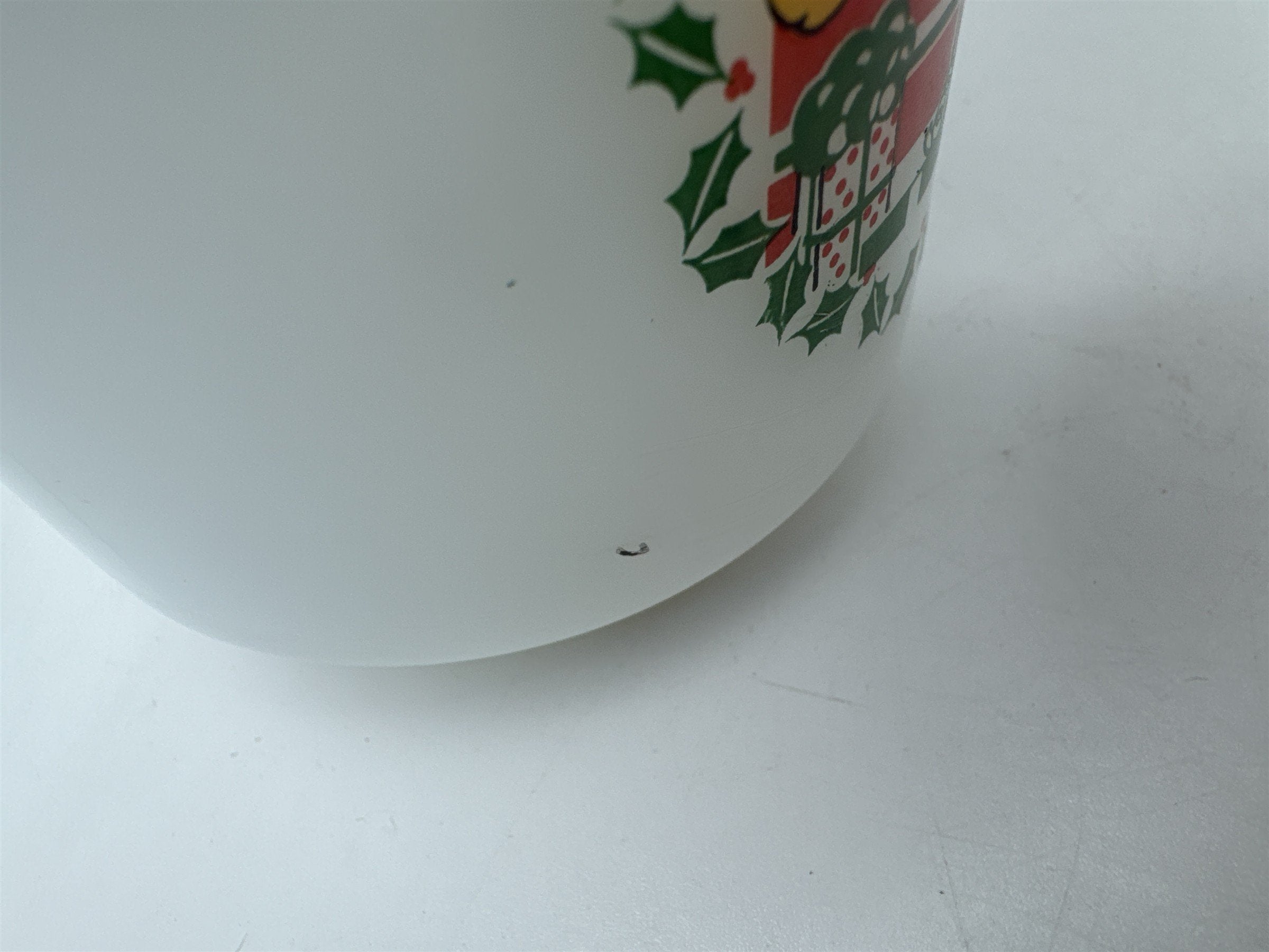 Vintage Glasbake White Milk Glass Mug Coffee Cup Christmas Wreath Lion Cub Cat