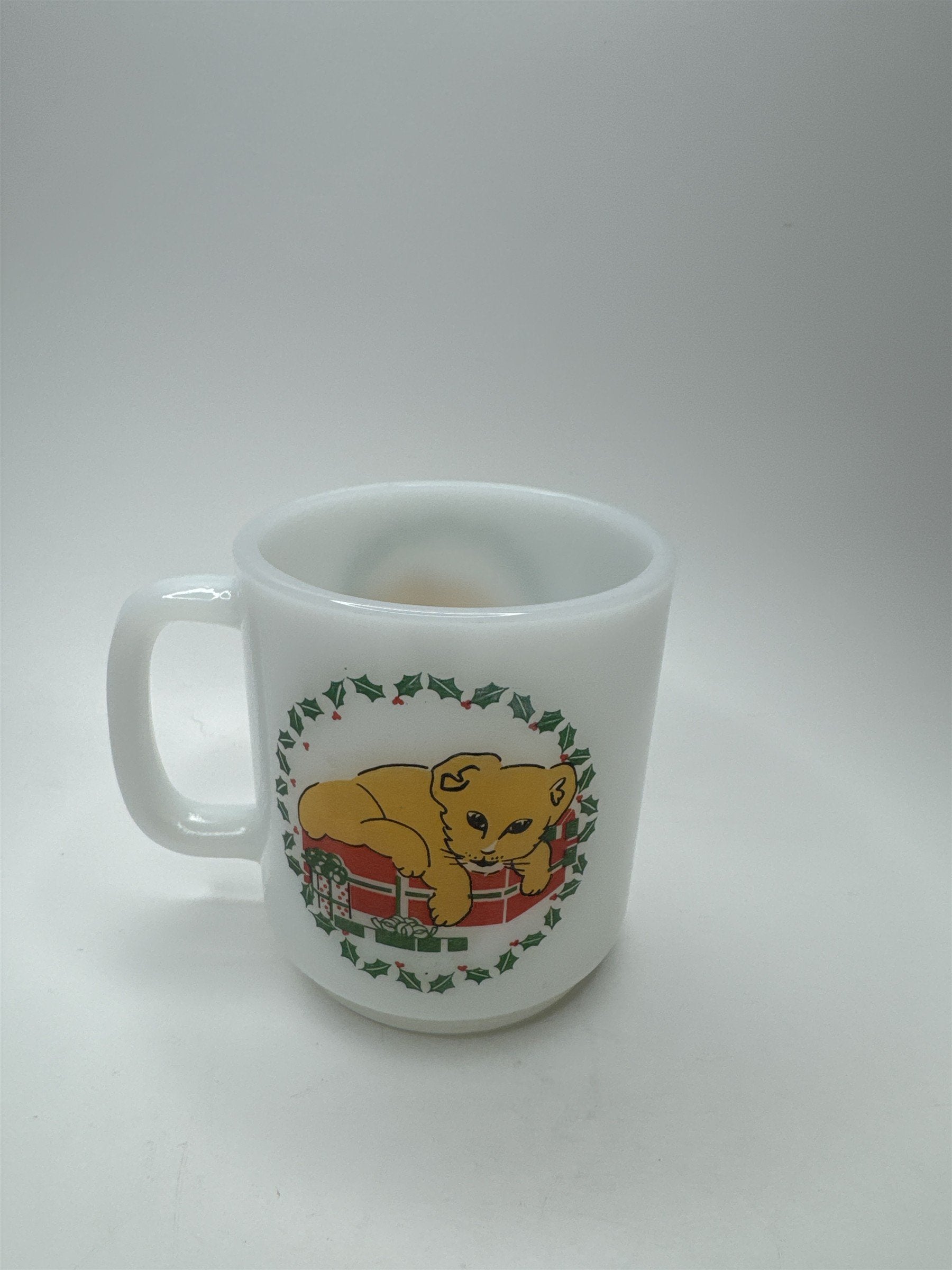 Vintage Glasbake White Milk Glass Mug Coffee Cup Christmas Wreath Lion Cub Cat