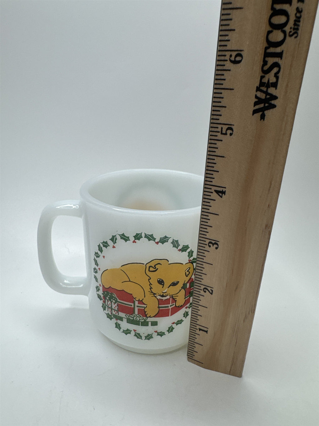 Vintage Glasbake White Milk Glass Mug Coffee Cup Christmas Wreath Lion Cub Cat