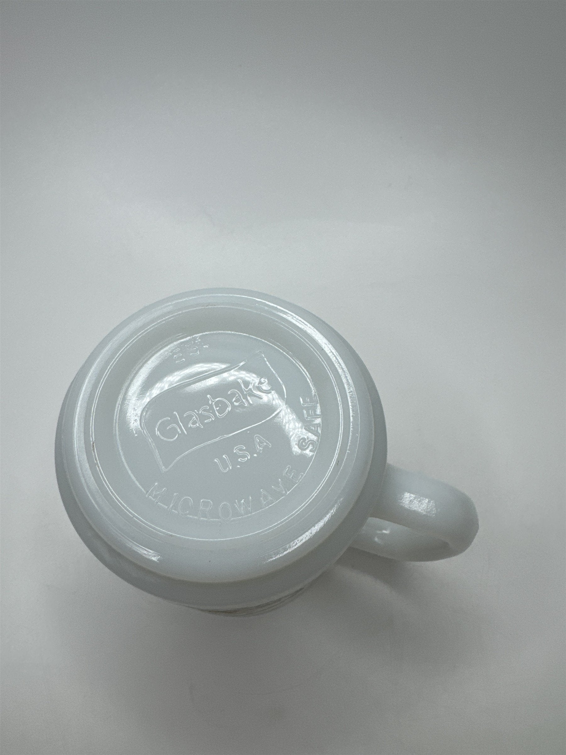 Vintage Glasbake White Milk Glass Mug Coffee Cup Christmas Wreath Lion Cub Cat