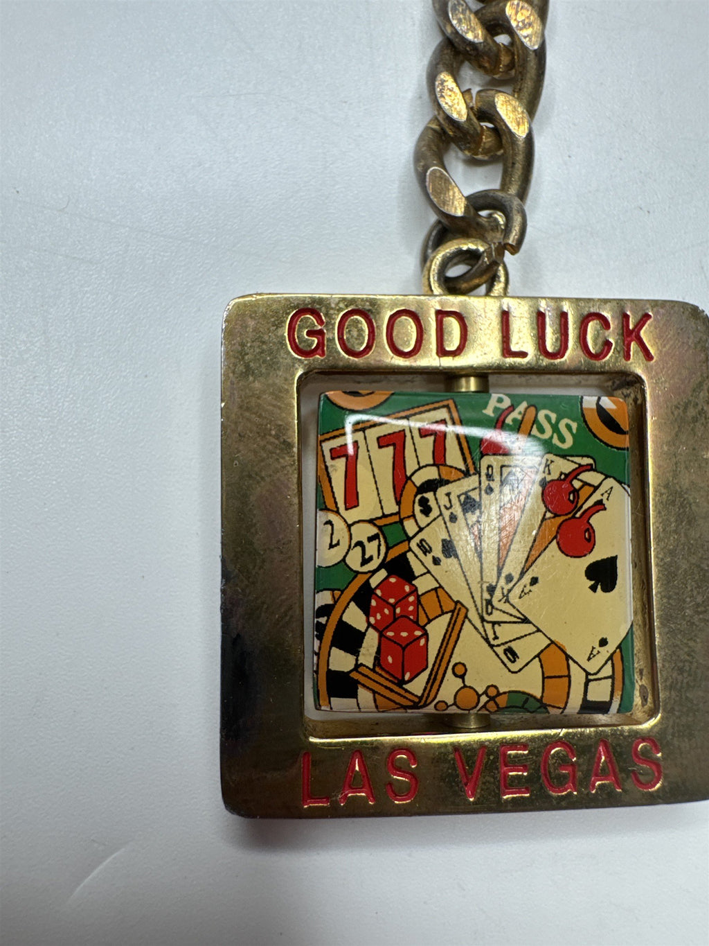 Vintage Distressed Good Luck Last Vegas Spinning Keychain Chain Link