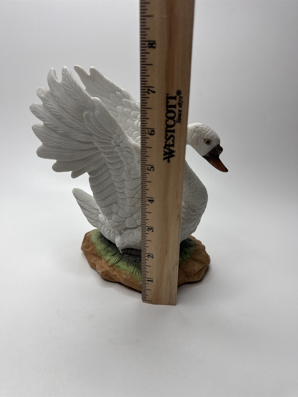 Vintage Porcelain Bisque Swan With Spread Wings Figurine Statue on Green Ground