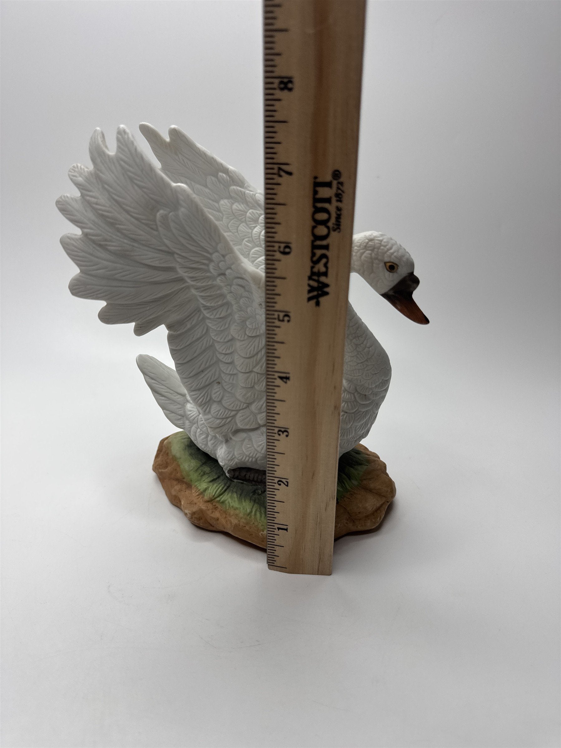 Vintage Porcelain Bisque Swan With Spread Wings Figurine Statue on Green Ground