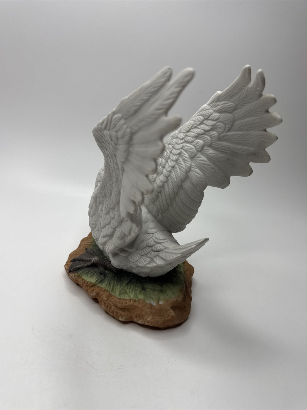 Vintage Porcelain Bisque Swan With Spread Wings Figurine Statue on Green Ground