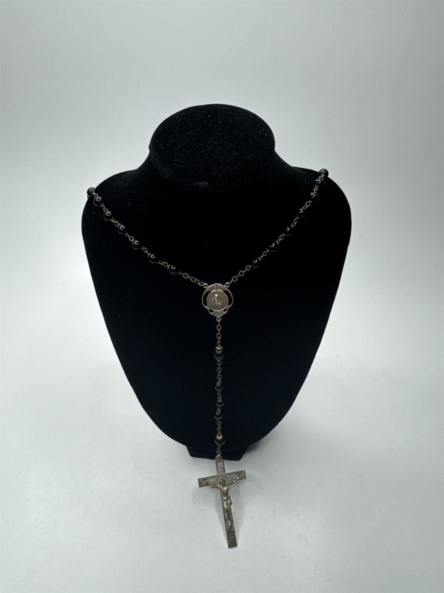 Vintage INRI Black Beaded Rosary and Cross Miraculous Pendant Catholic Rosary