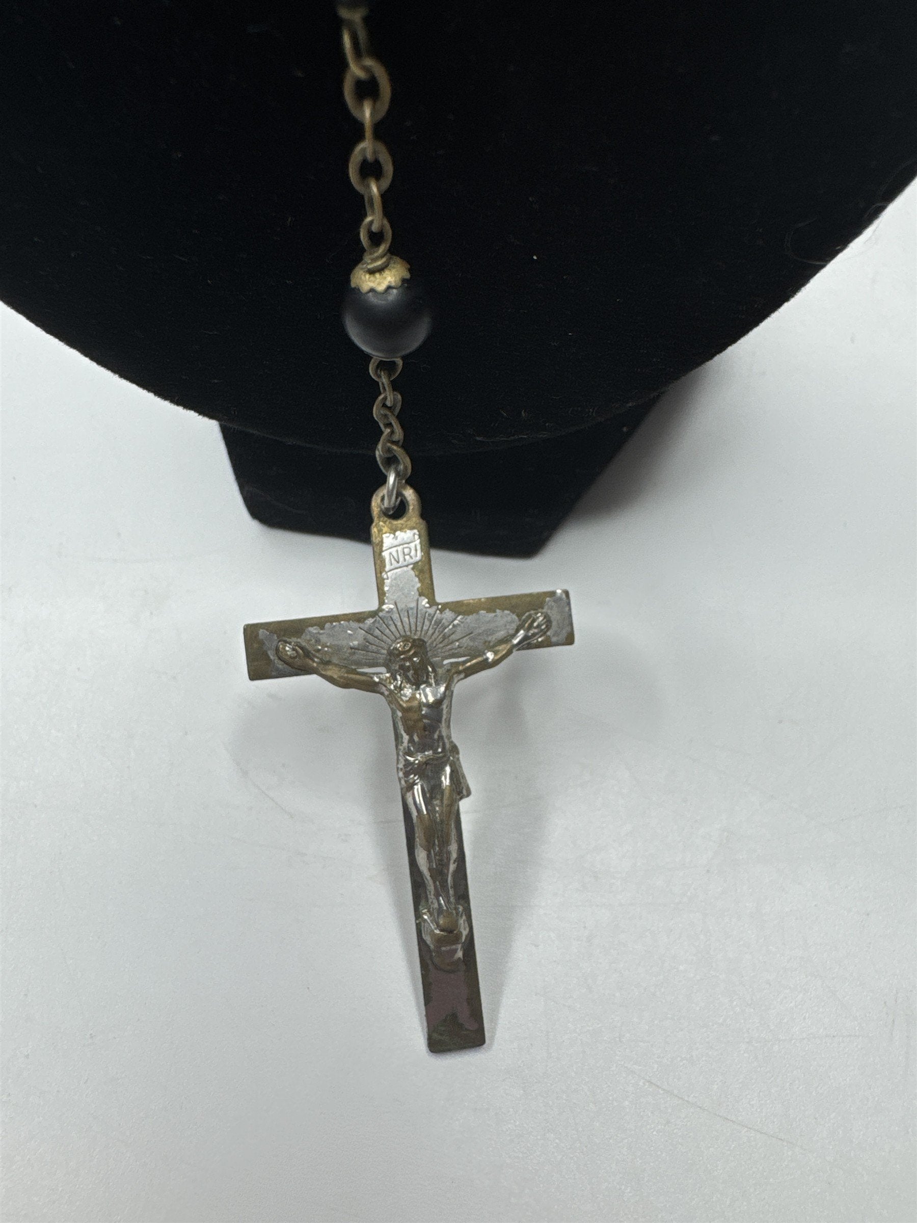Vintage INRI Black Beaded Rosary and Cross Miraculous Pendant Catholic Rosary