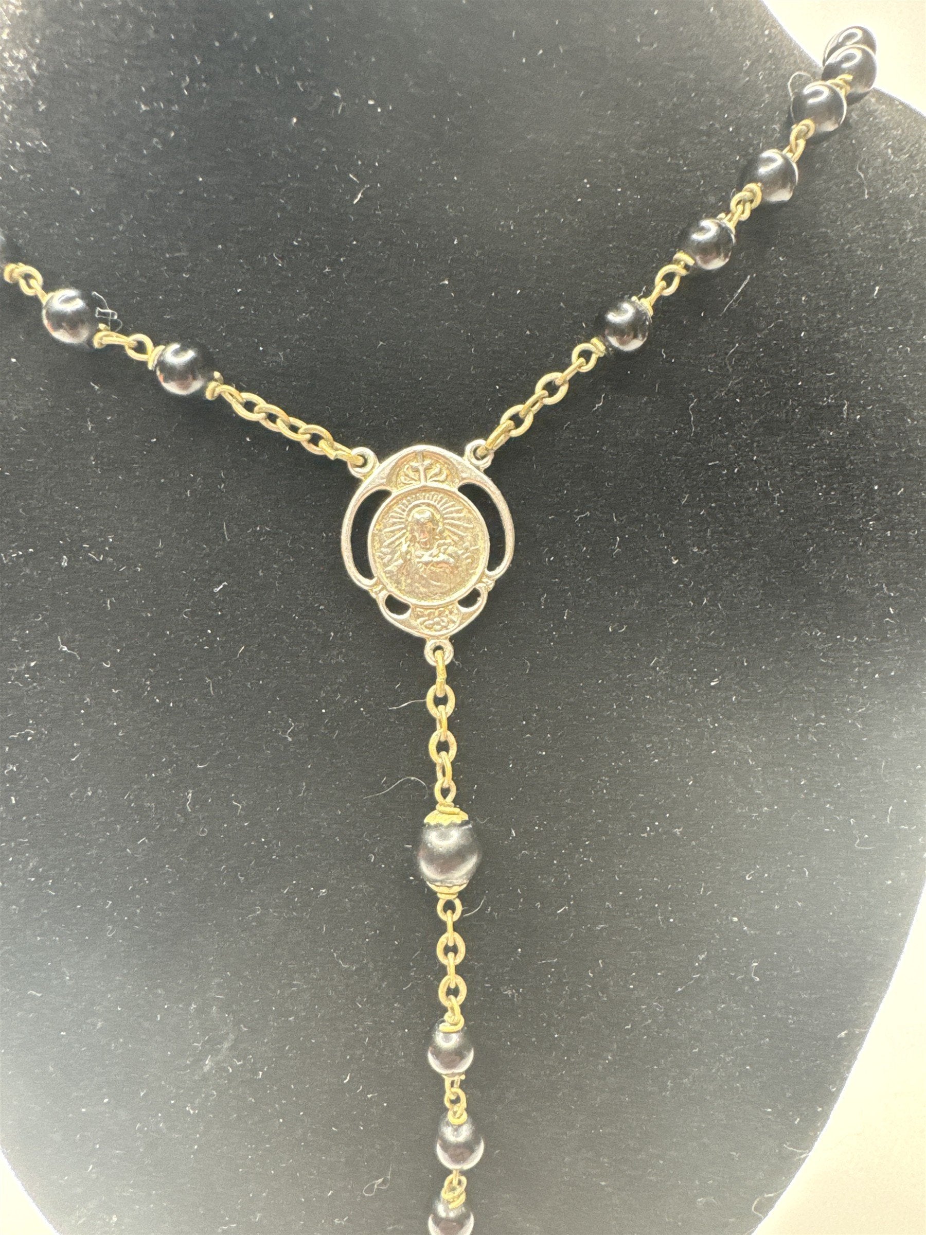 Vintage INRI Black Beaded Rosary and Cross Miraculous Pendant Catholic Rosary